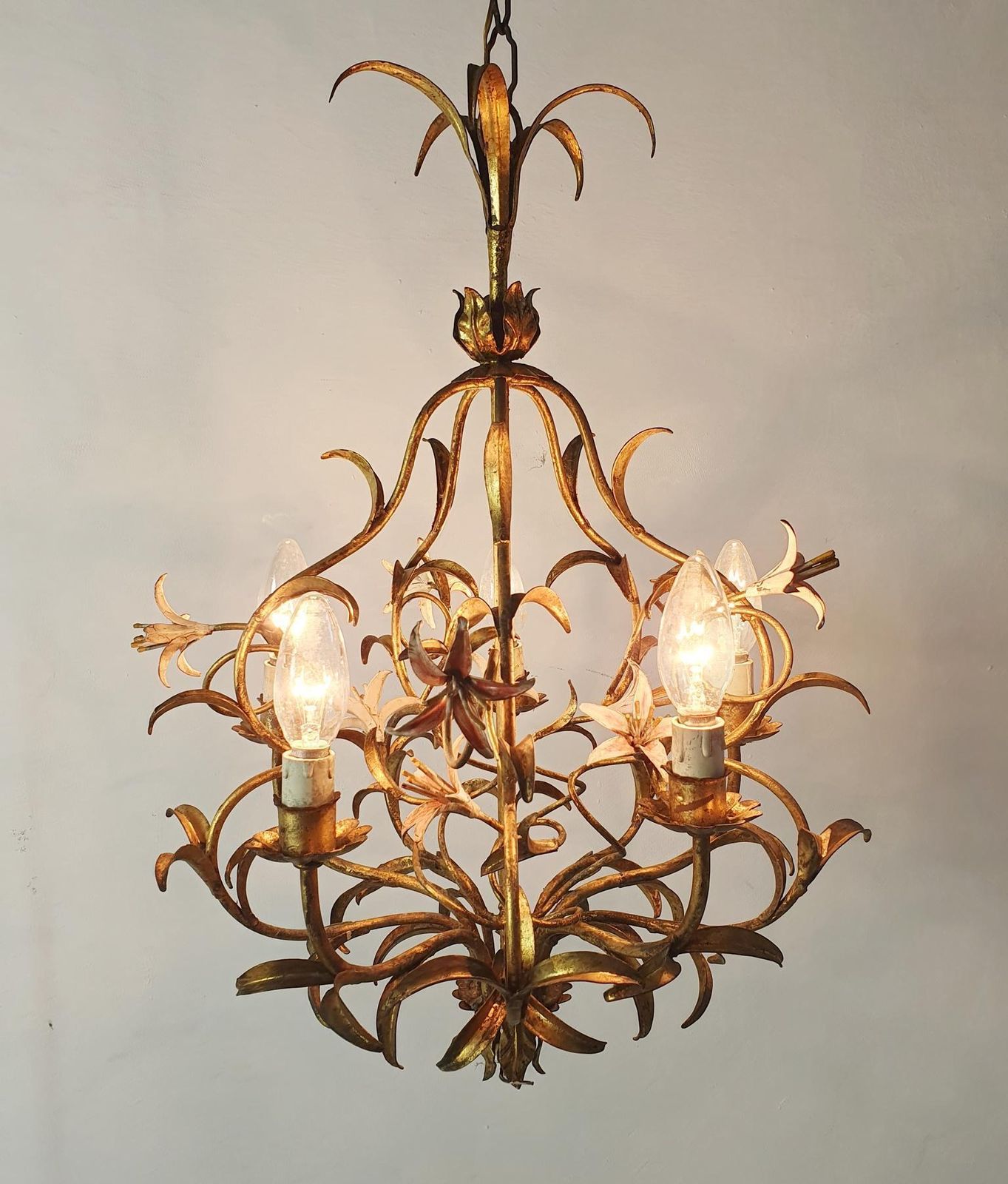 photo for sale Mid Century Italian Tole Chandelier, Iron With Floral Design, 1950s