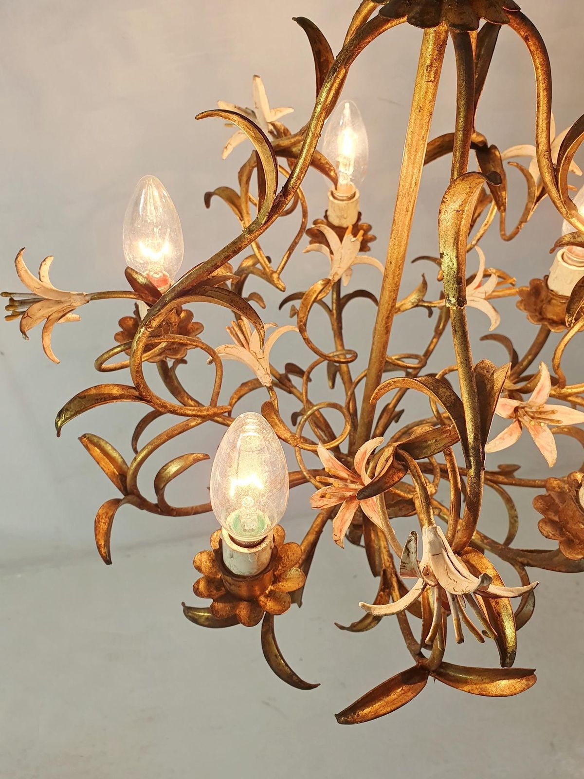 Lighting Mid Century Italian Tole Chandelier, Iron With Floral Design, 1950s photo