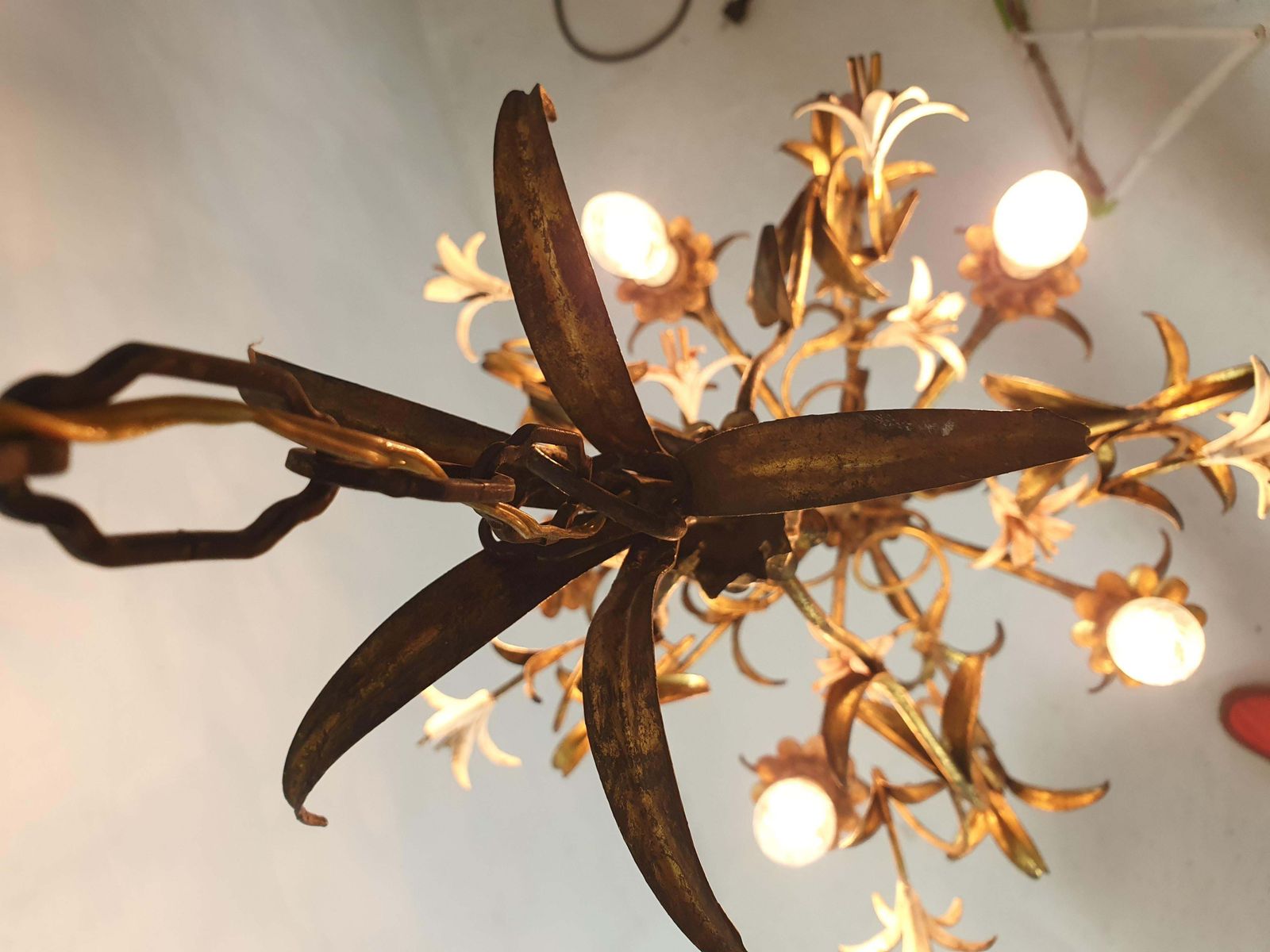 1990.0 Mid Century Italian Tole Chandelier, Iron With Floral Design, 1950s photo