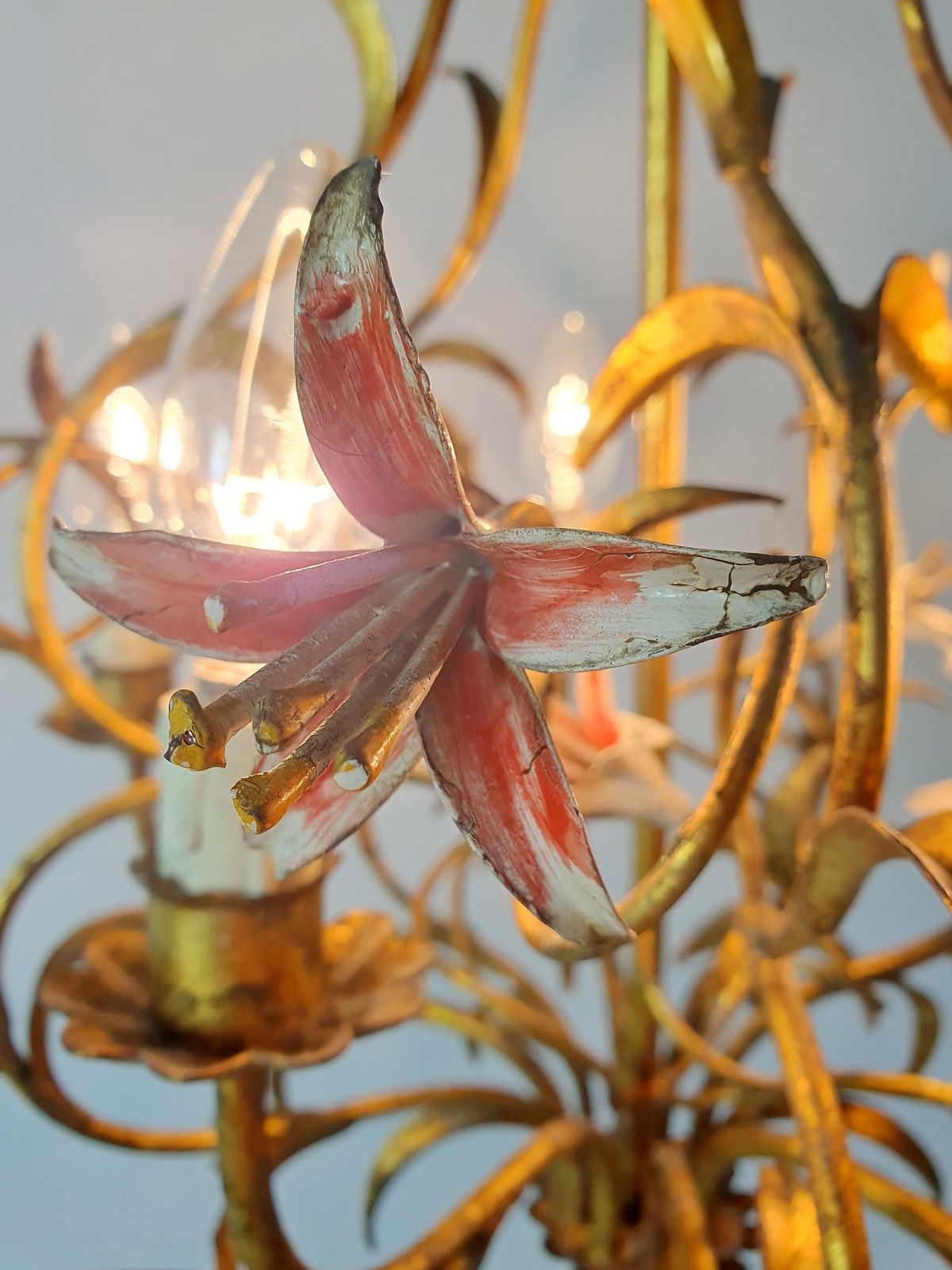 photo buy Mid Century Italian Tole Chandelier, Iron With Floral Design, 1950s