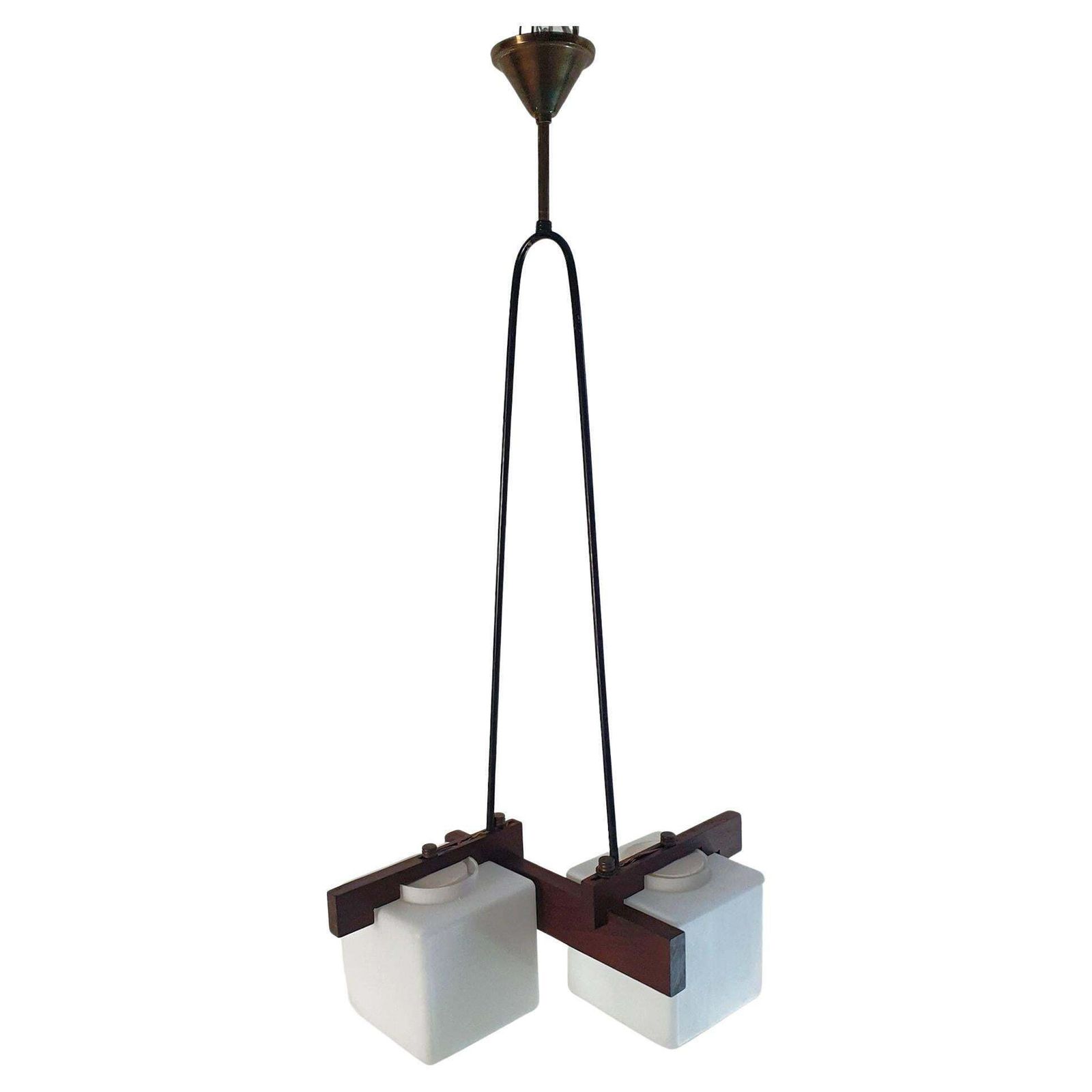1960s Midcentury Italian Pendant Light With Teak & Opaline Glass