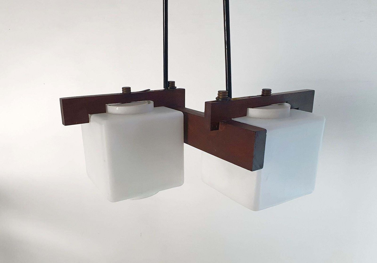 1960s Midcentury Italian Pendant Light With Teak & Opaline Glass photo for sale