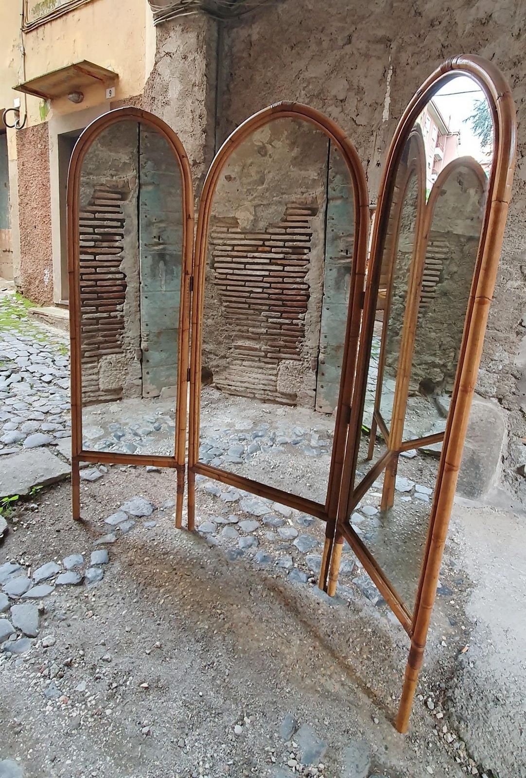photo for sale Italian Mid Century Modern Bamboo And Mirror Room Divider, 1960s