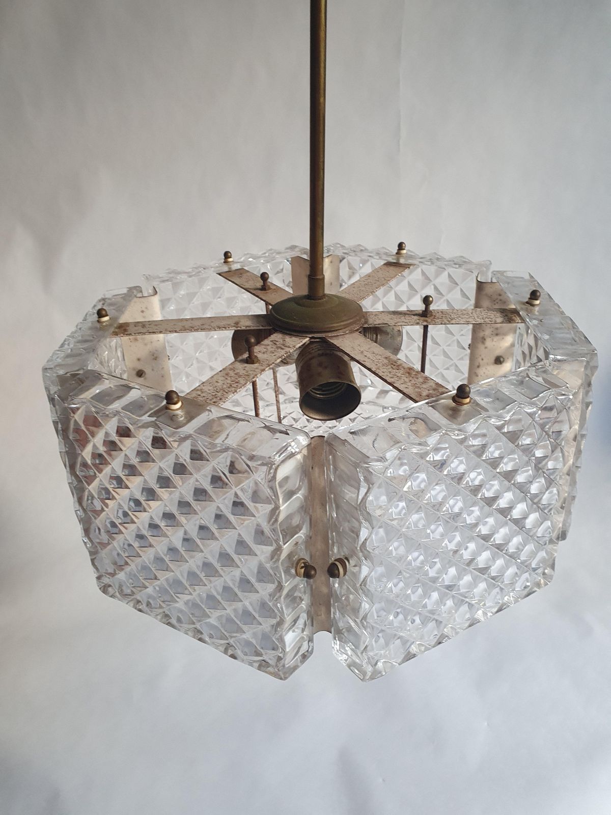 1960s Mid Century Modern Chandelier By Orrefors, Brass & Glass photo buy