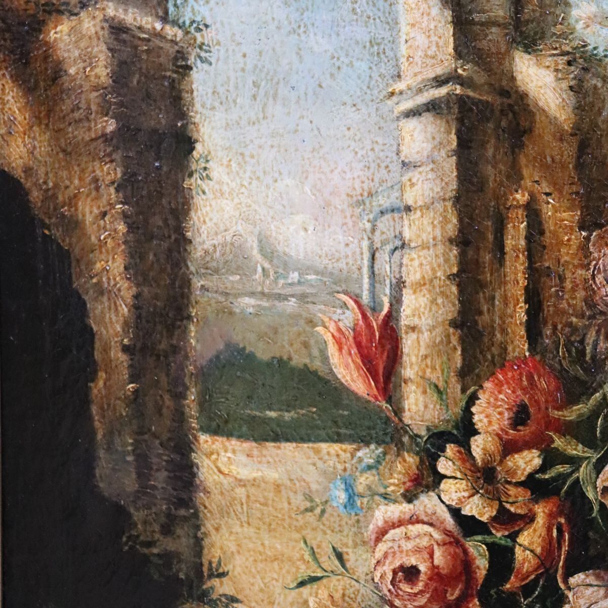 Still Life With Flowers, Fruits And Architectural Elements, 1800s, Oil Painting On Canvas, Framed photo 1470.0