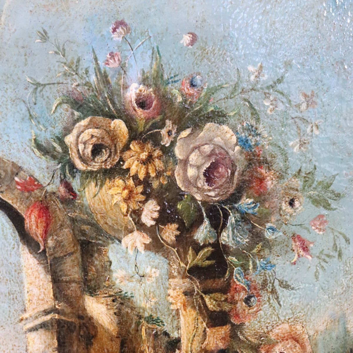 photo vintage Still Life With Flowers, Fruits And Architectural Elements, 1800s, Oil Painting On Canvas, Framed