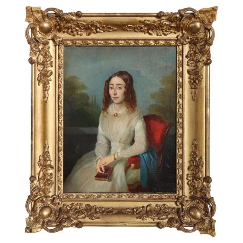 Portrait Of A Young Woman With A Book, Oil Painting On Canvas, 19th Century, Framed