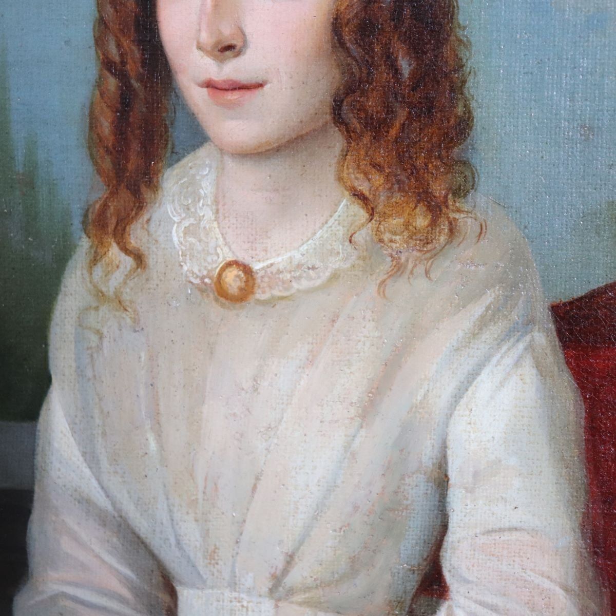 Portrait Of A Young Woman With A Book, Oil Painting On Canvas, 19th Century, Framed photo vintage