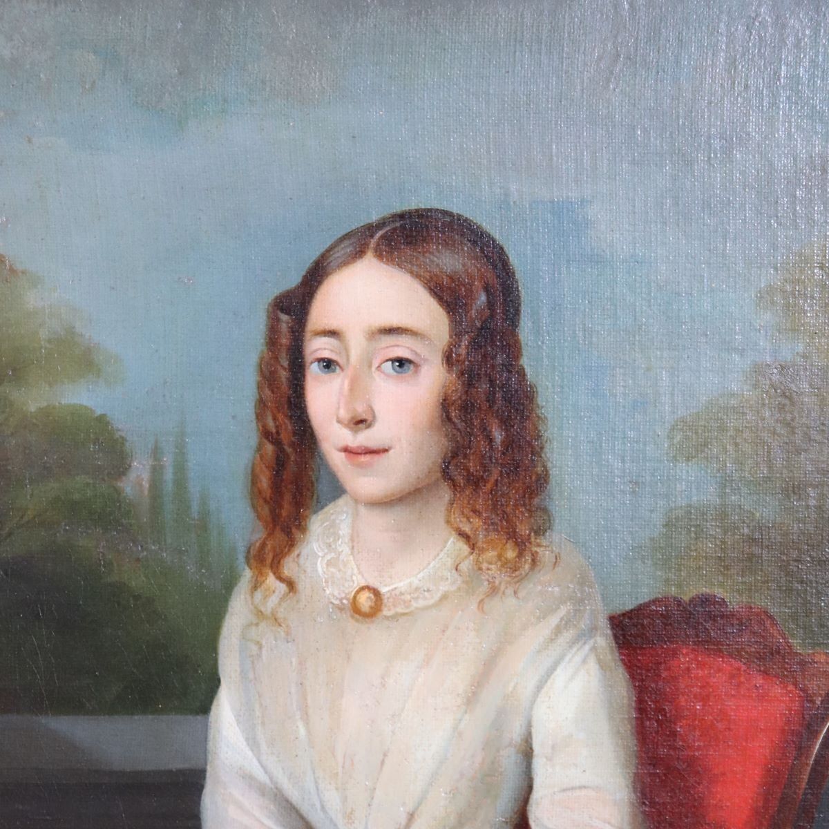Art Portrait Of A Young Woman With A Book, Oil Painting On Canvas, 19th Century, Framed photo