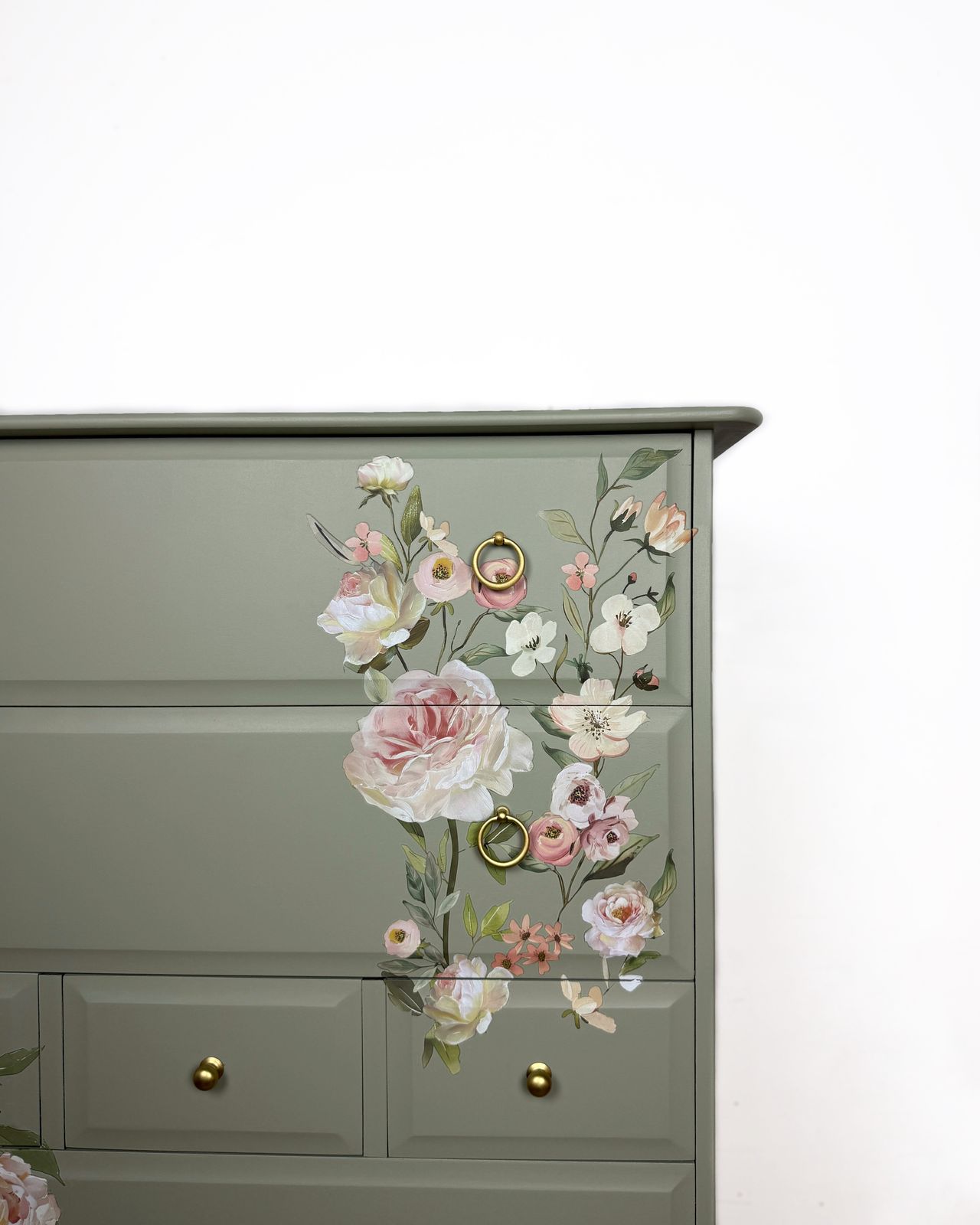 Refinished Vintage Stag Minstrel Tallboy Chest Of Drawers In Pale Green With Floral Design In Pink photo vintage