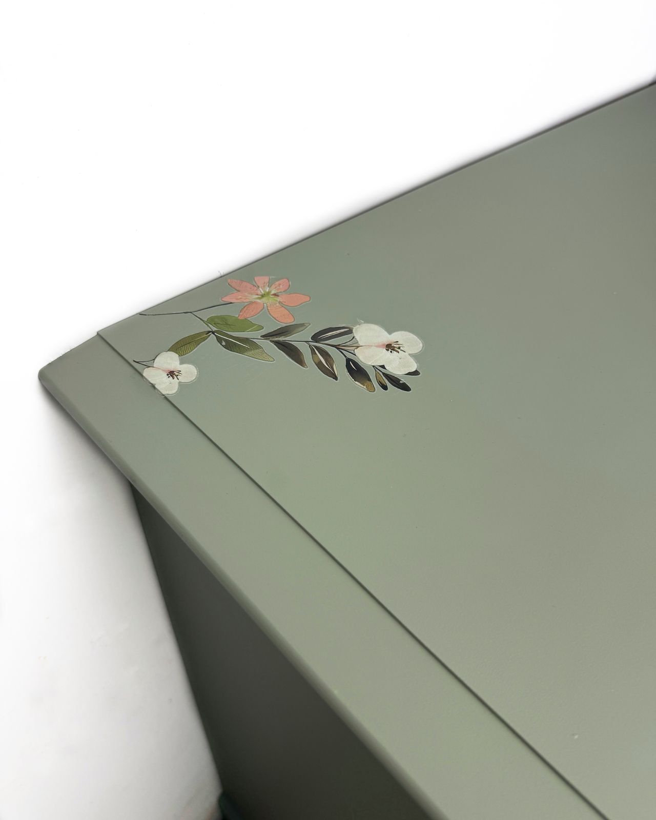 photo for sale Refinished Vintage Stag Minstrel Tallboy Chest Of Drawers In Pale Green With Floral Design In Pink