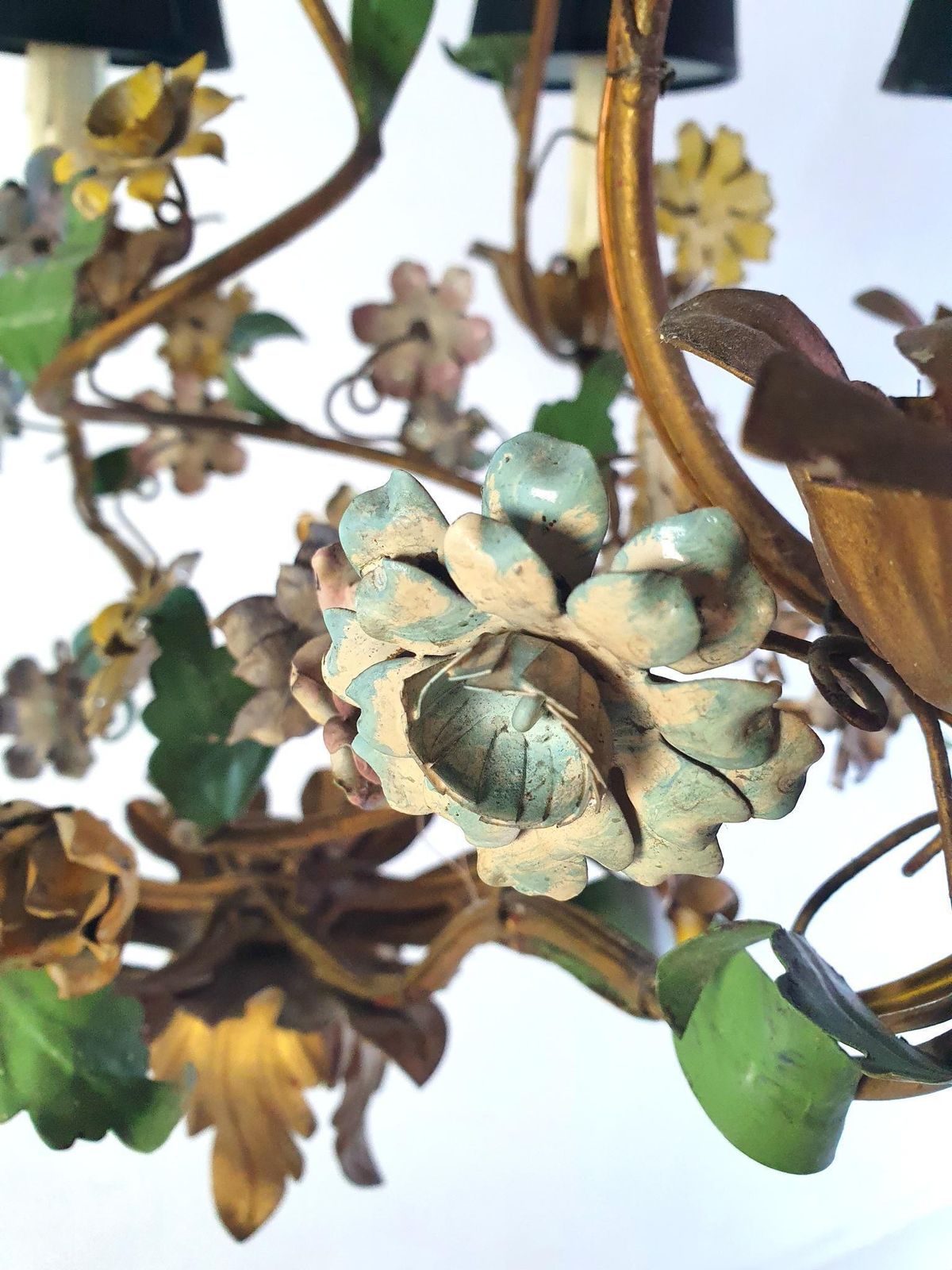 Midcentury Italian Tole Chandelier, Iron With Floral Design, 1950s photo Lighting