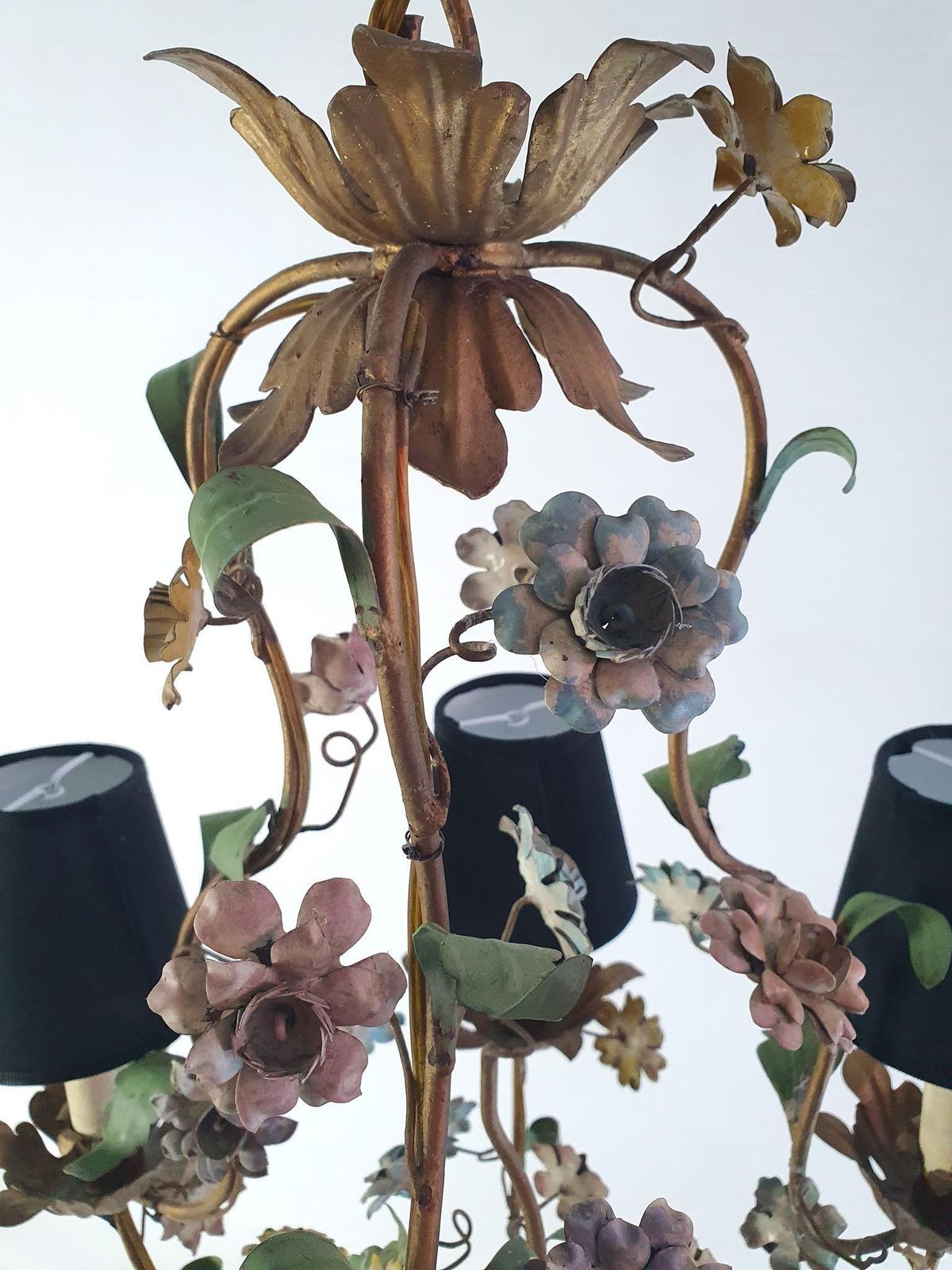 Midcentury Italian Tole Chandelier, Iron With Floral Design, 1950s photo 1790.0