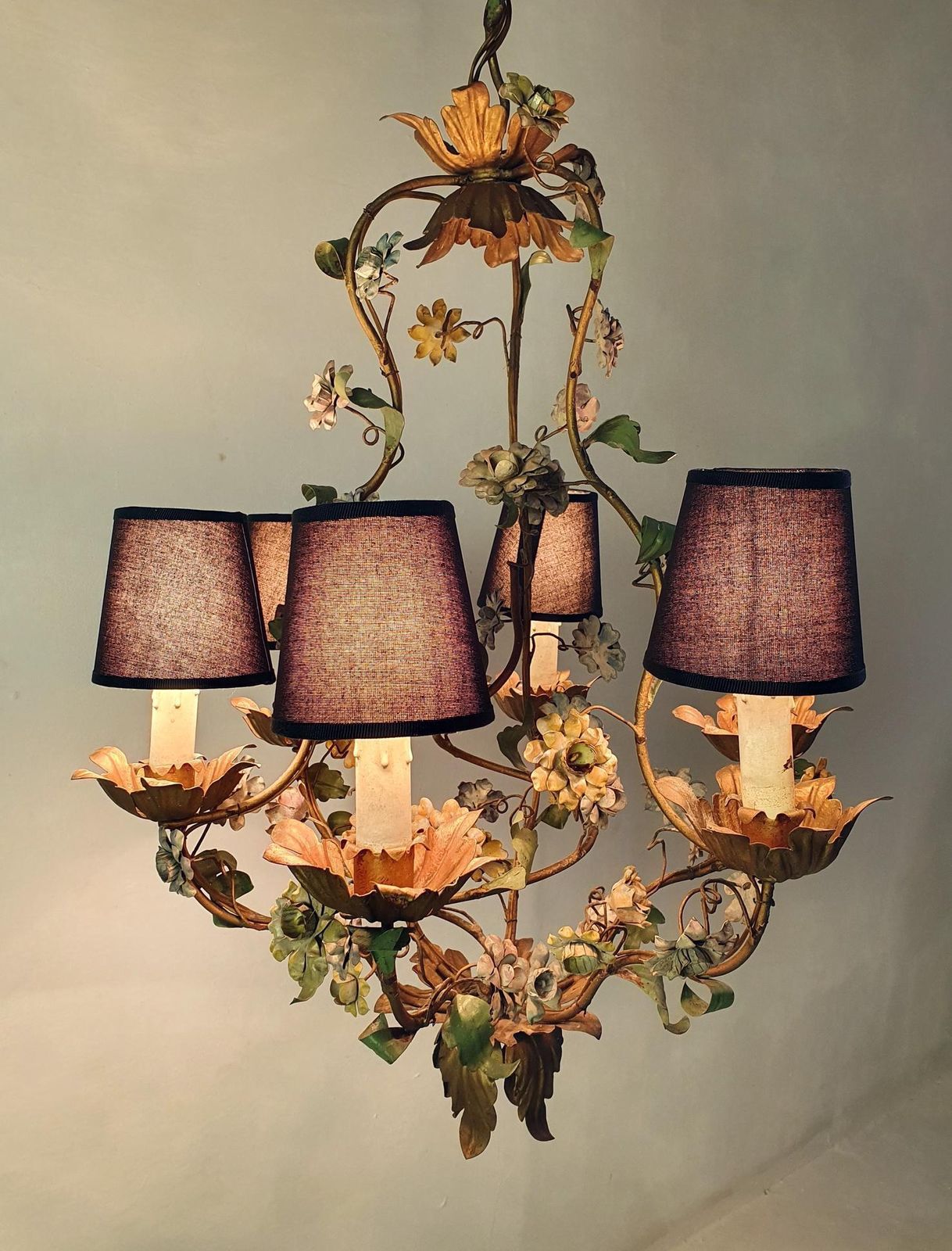 Midcentury Italian Tole Chandelier, Iron With Floral Design, 1950s photo vintage