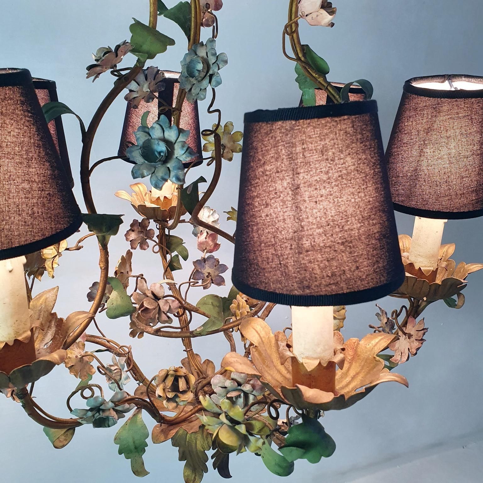 Lighting Midcentury Italian Tole Chandelier, Iron With Floral Design, 1950s photo