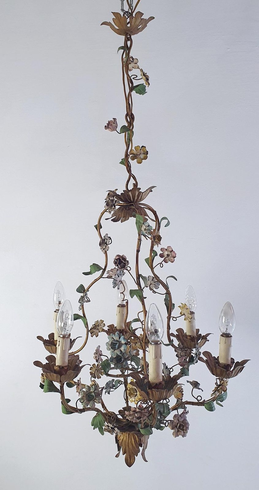 1790.0 Midcentury Italian Tole Chandelier, Iron With Floral Design, 1950s photo