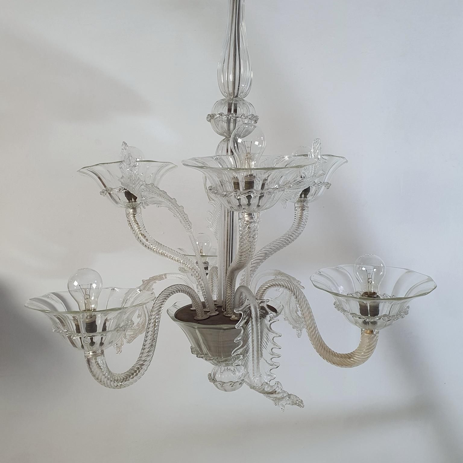 Murano Chandelier, Clear Glass, Rococo Style, Six Arms, Italy, 1950s photo Lighting