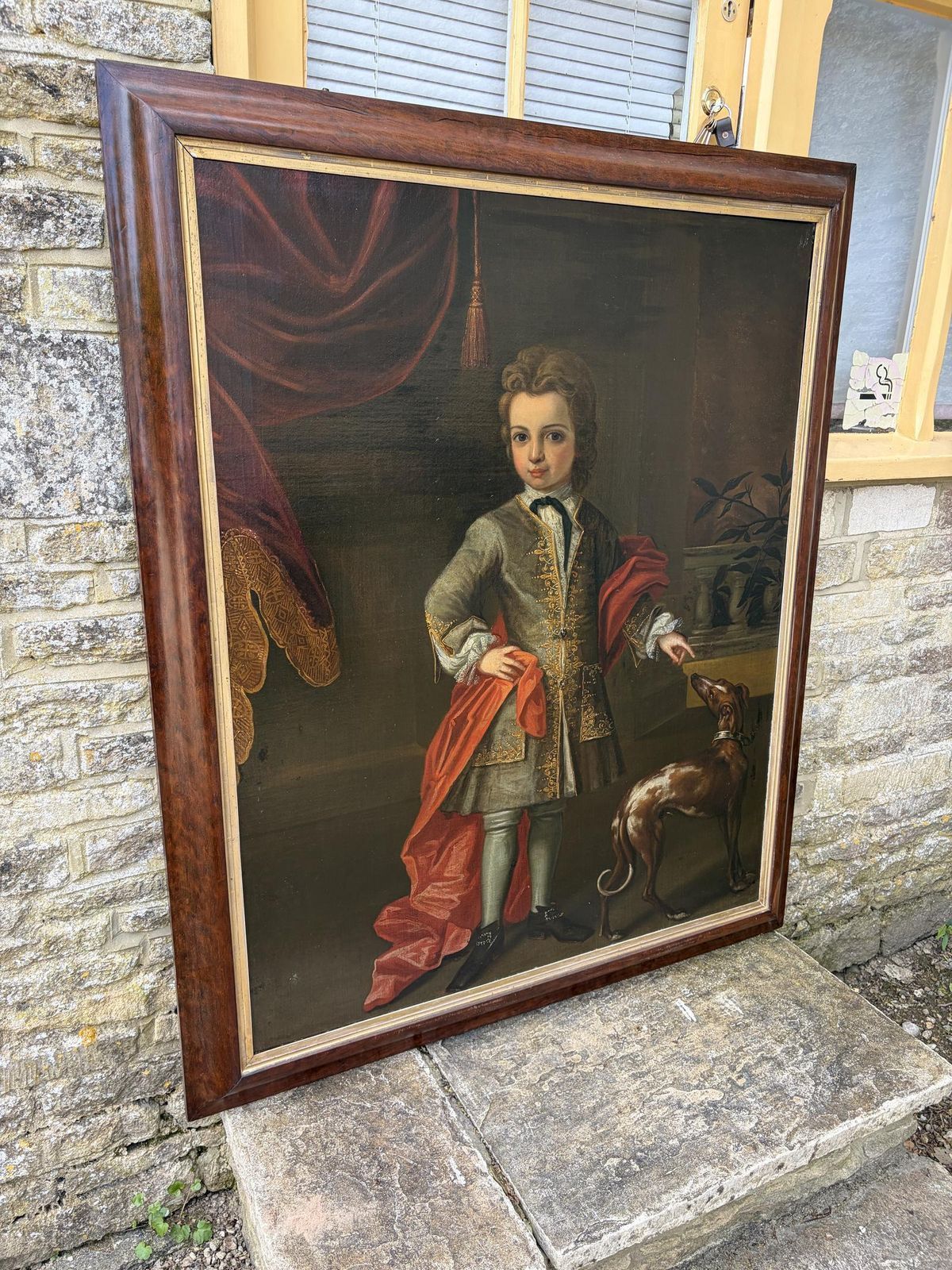 photo for sale 18th Century Oil On Canvas Portrait Of Boy With Dog