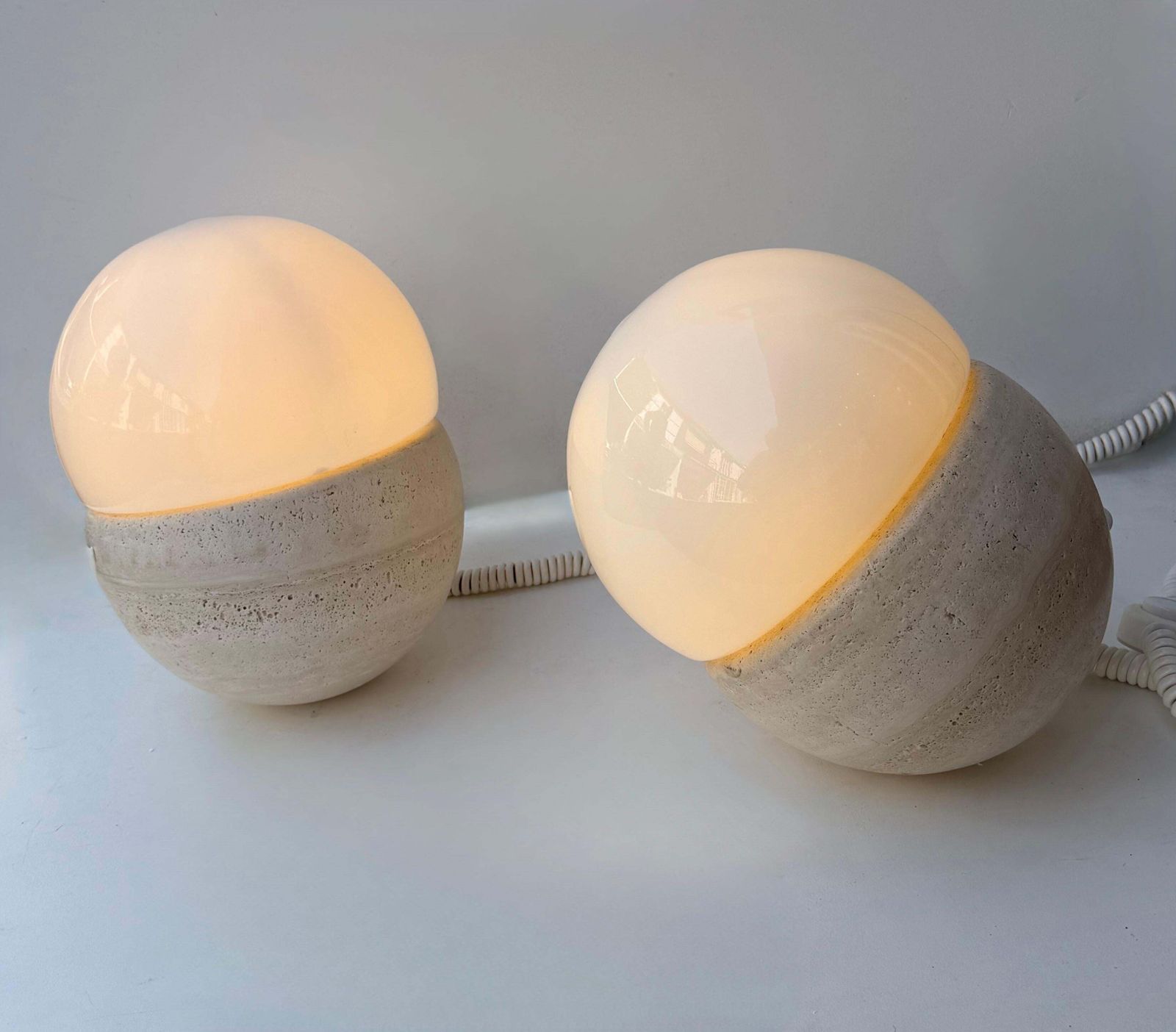 Pair Of Travertine And Opaline Glass Culbuto Lamps Italy, 1980s photo furniture