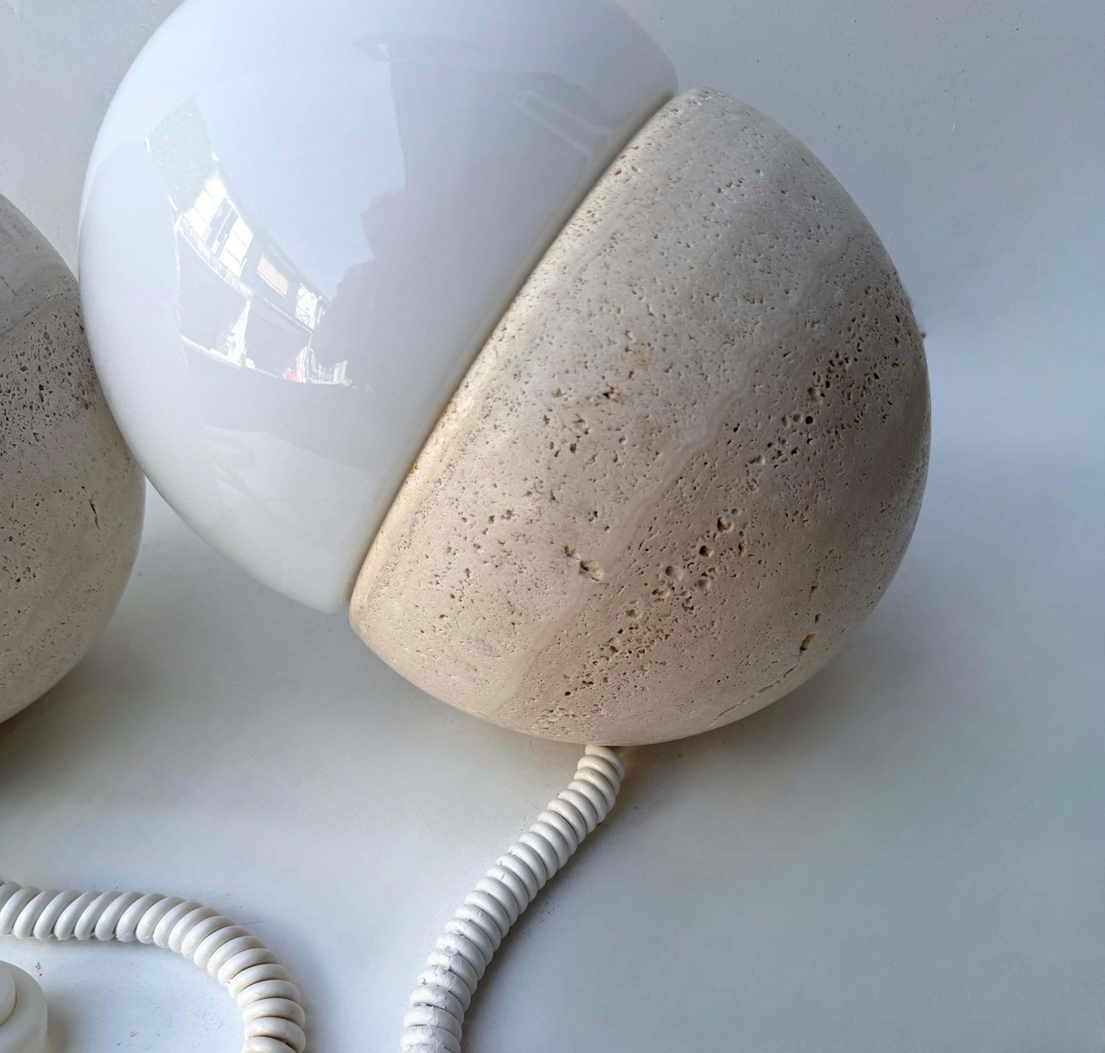 Pair Of Travertine And Opaline Glass Culbuto Lamps Italy, 1980s photo buy