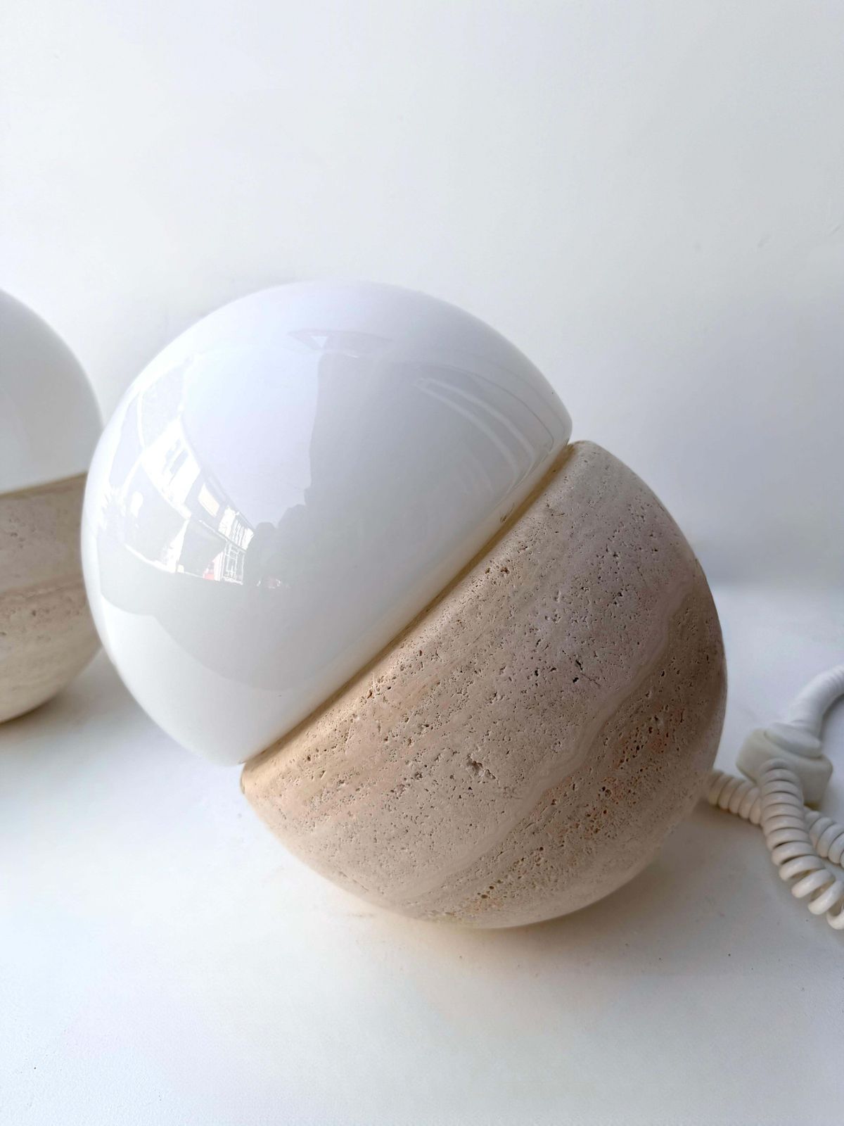 4756.0 Pair Of Travertine And Opaline Glass Culbuto Lamps Italy, 1980s photo