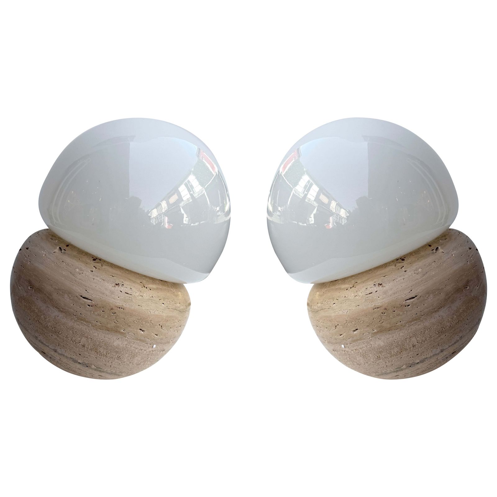 Pair Of Travertine And Opaline Glass Culbuto Lamps Italy, 1980s