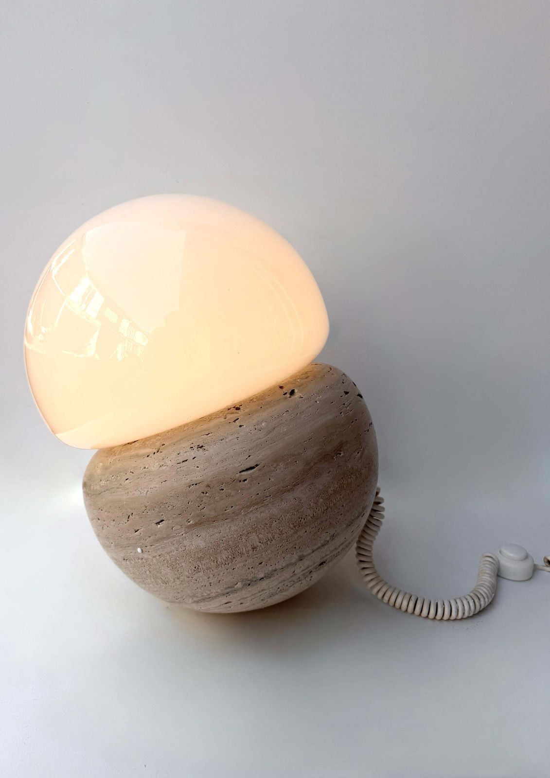Pair Of Travertine And Opaline Glass Culbuto Lamps Italy, 1980s photo 5620.0