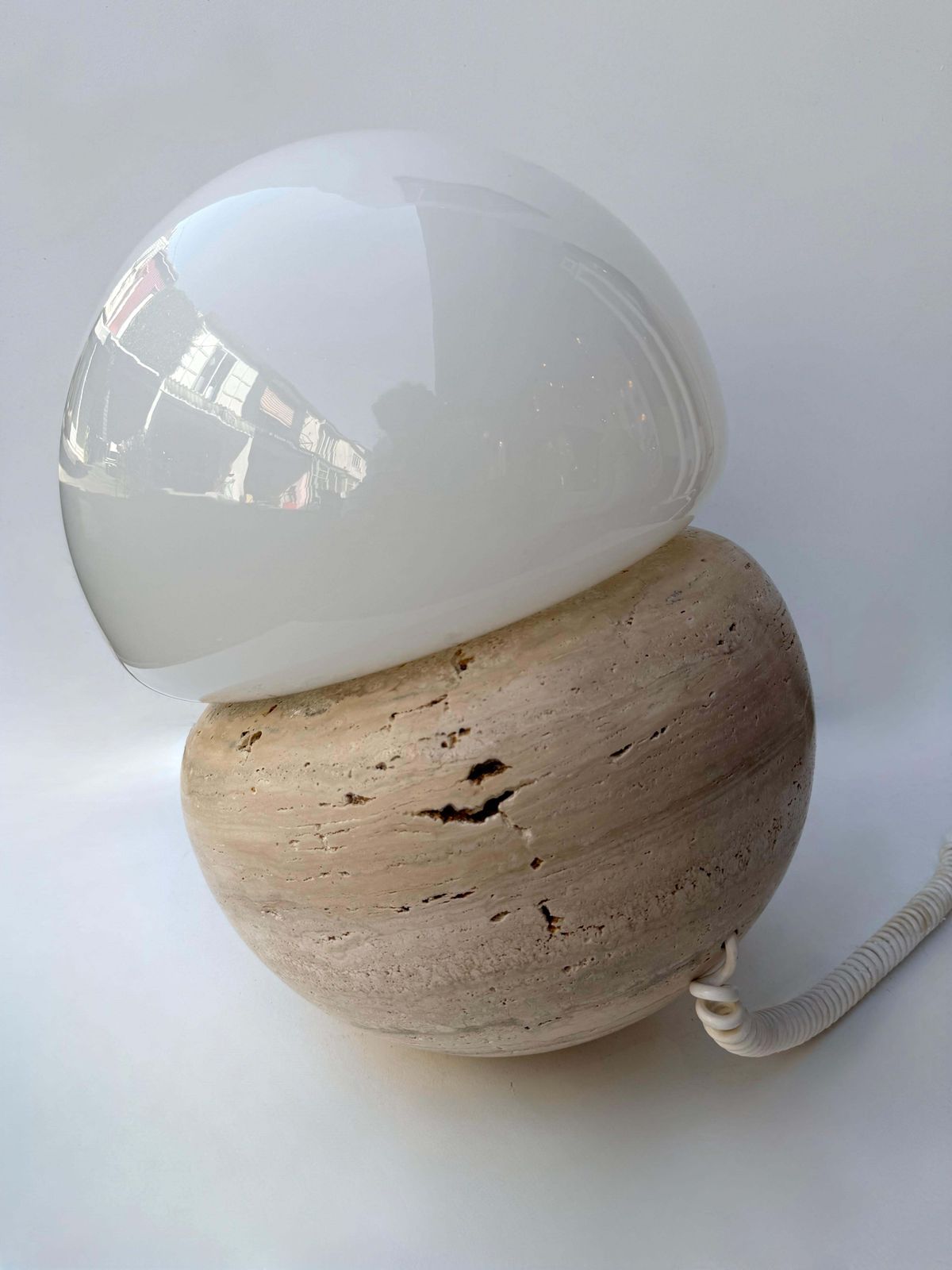 Pair Of Travertine And Opaline Glass Culbuto Lamps Italy, 1980s photo vintage