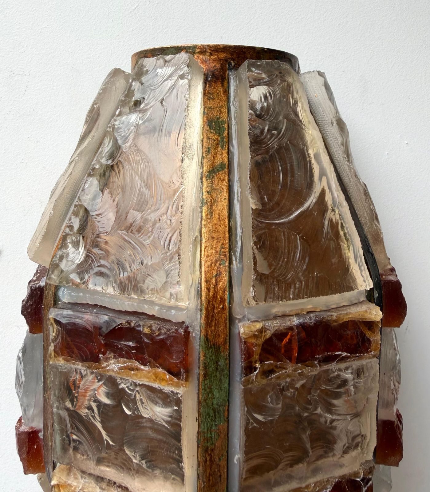 Pair Of Hammered Glass Wrought Iron Sconces By Longobard, Italy, 1970s photo vintage