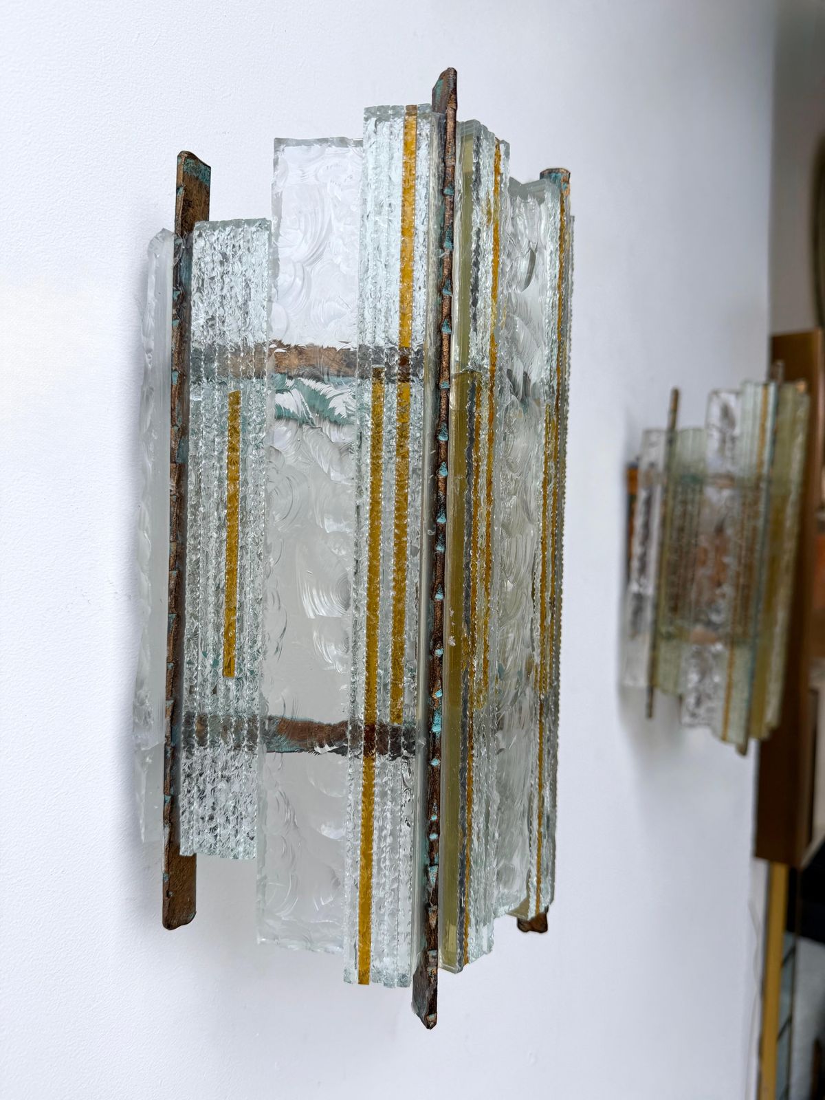 Pair Of Hammered Glass Wrought Iron Sconces By Longobard, Italy, 1970s photo vinterior