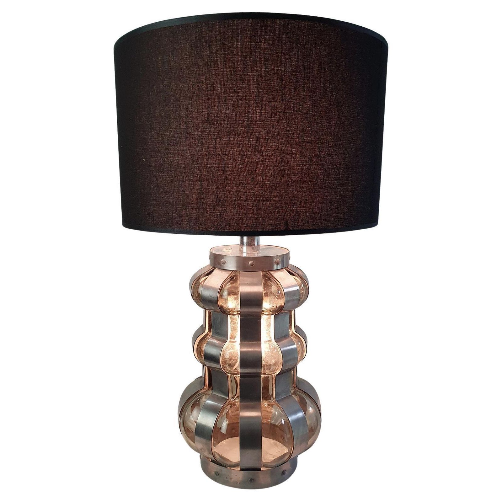 Brutalist Style Table Lamp, Smoke Glass And Metal, Italian, 1960s