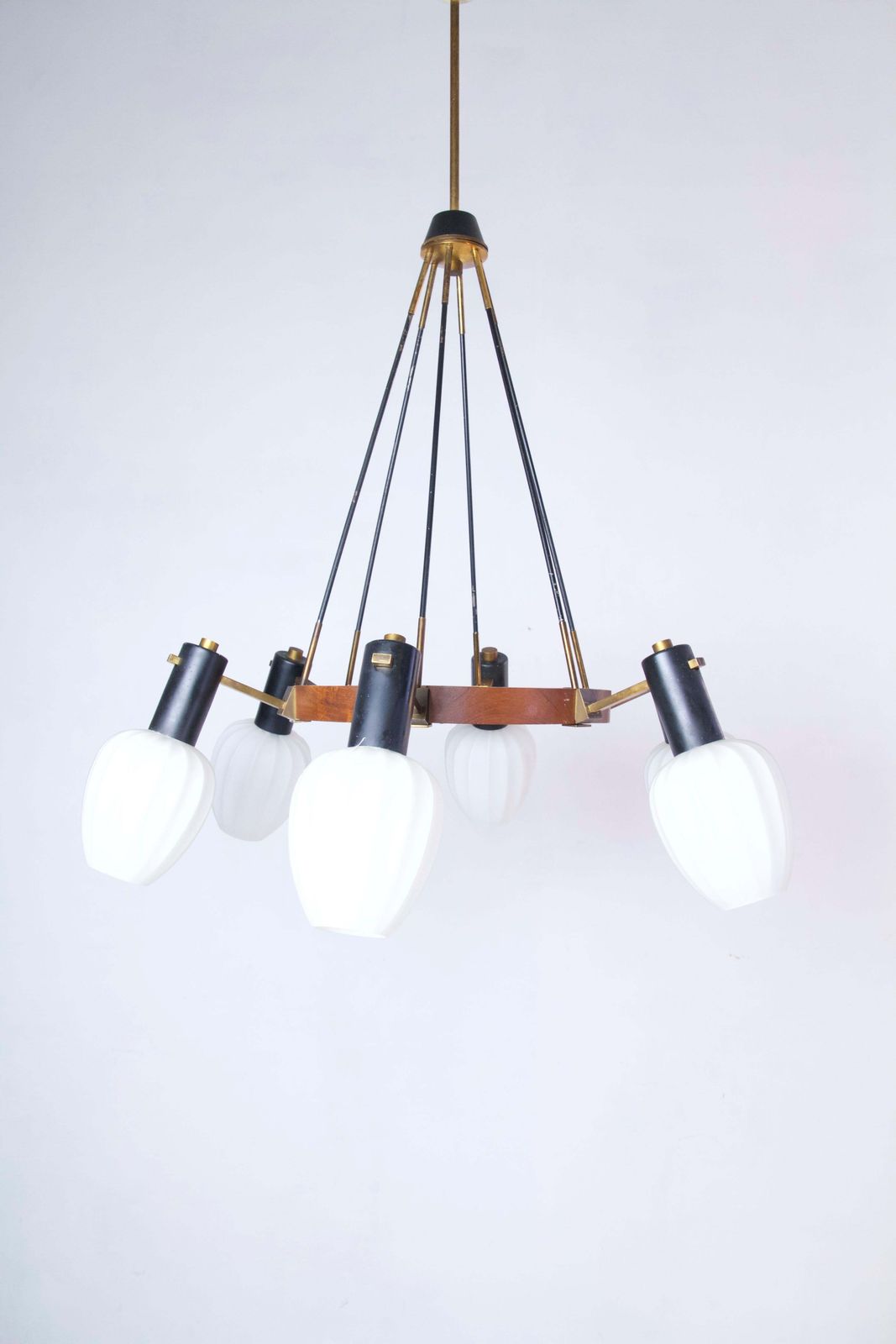 Midcentury Italian Chandelier, Teak Frame, Opaline Glass Shades, 1950s photo for sale