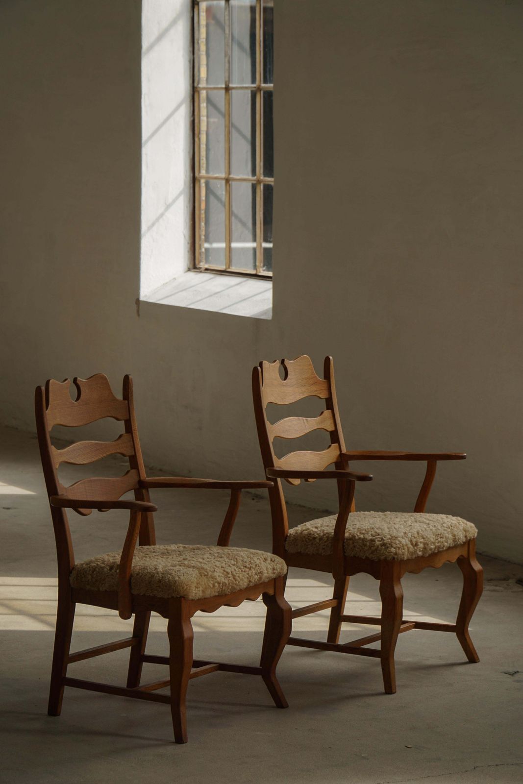 Pair Of Razorblade Armchairs By Henning Kjærnulf, Oak & Lambswool, 1960 photo furniture