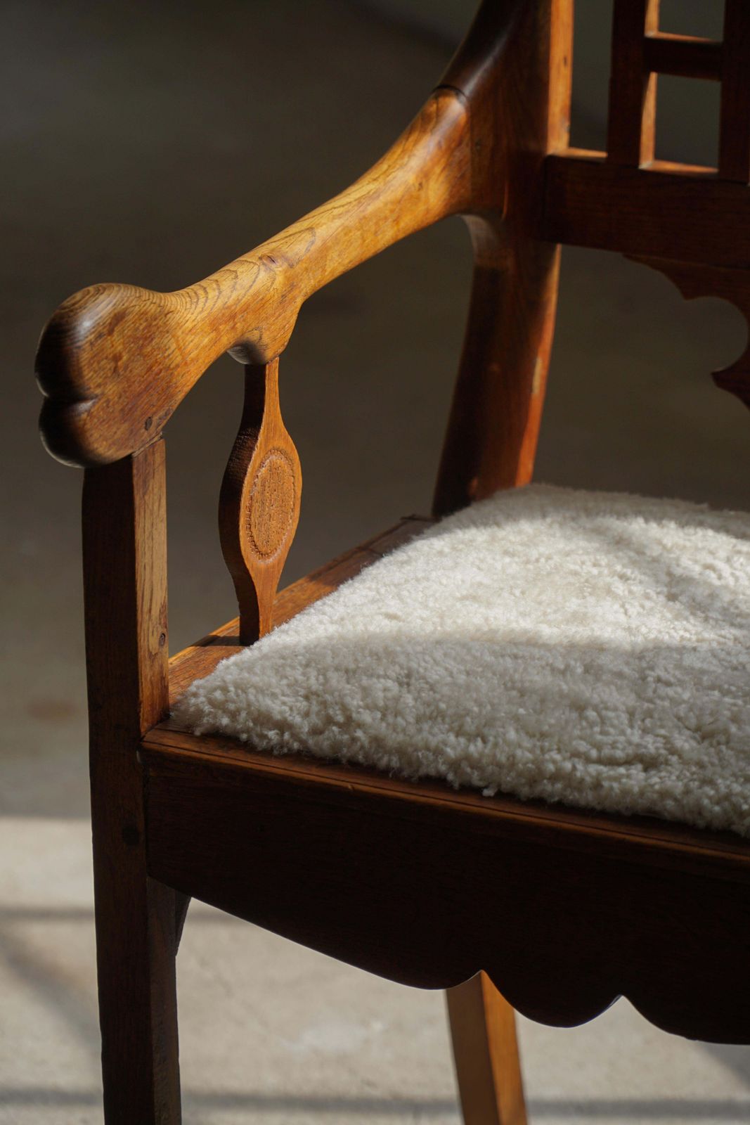 photo for sale Danish Folk Art Armchair In Oak & Lambswool Seat, Early 20th Century, 1930s