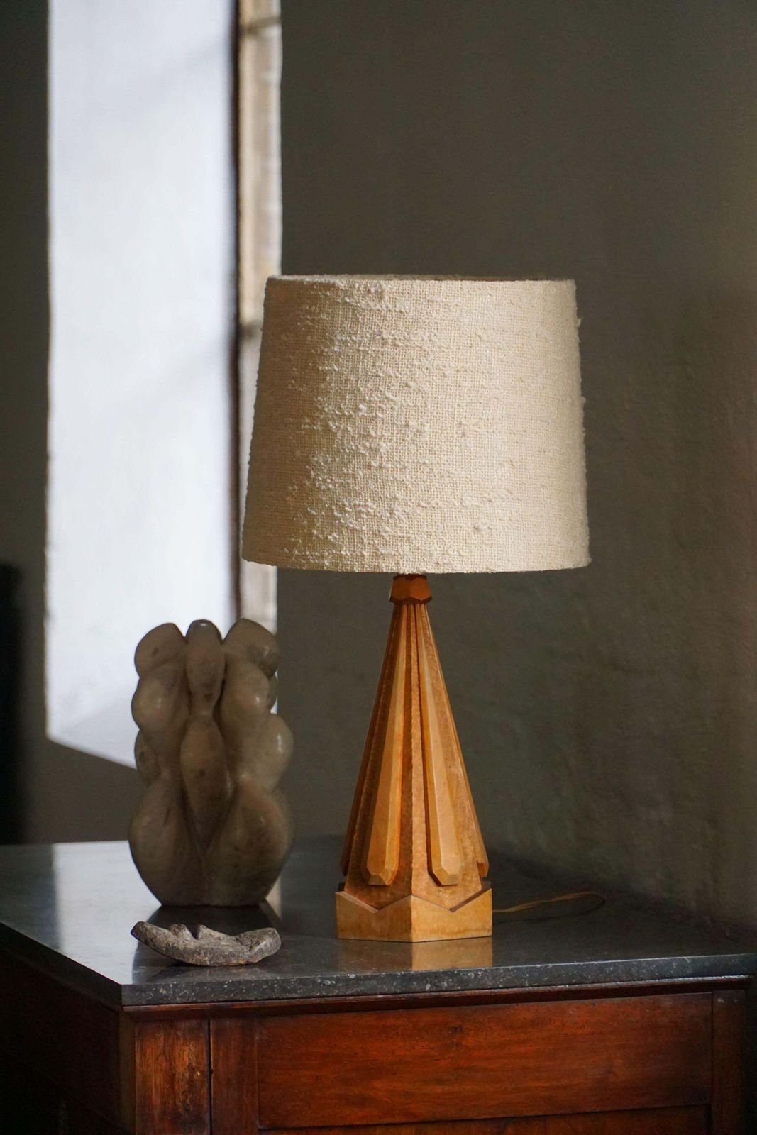 Scandinavian Modern, Sculptural Hand Carved Wooden Table Lamp, Denmark, 1970s photo vintage