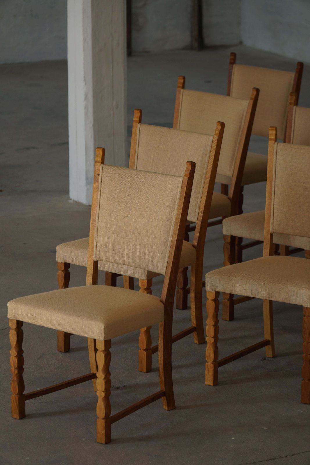 Set Of 10 Dining Chairs, Oak & Hessian, Henning Kjærnulf, Danish Modern, 1950s photo for sale
