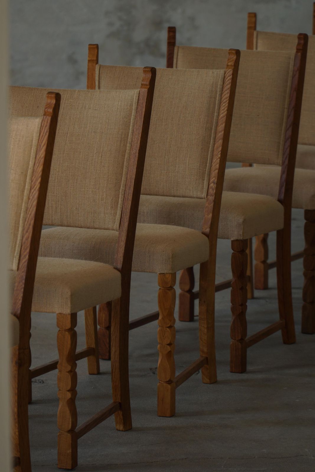 Furniture Set Of 10 Dining Chairs, Oak & Hessian, Henning Kjærnulf, Danish Modern, 1950s photo