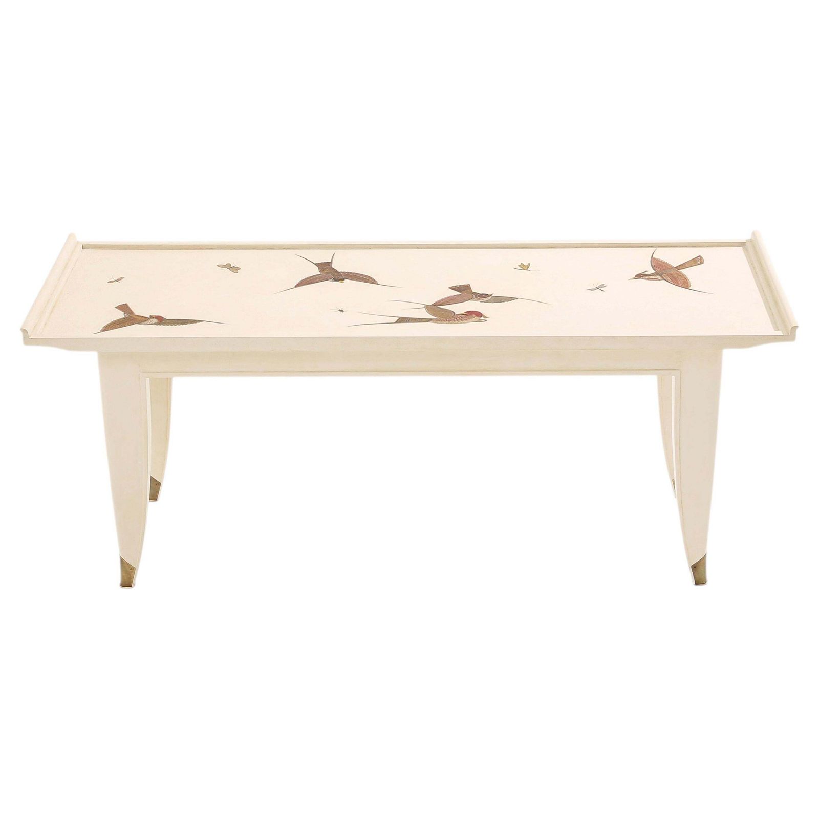 Maurice Jallot Coffee Table Oak Wood Painted Carved Birds 1930