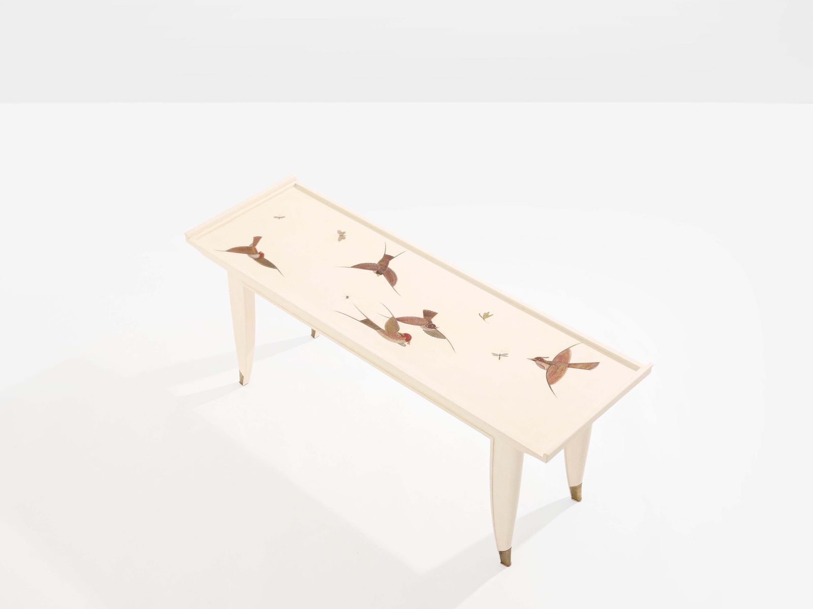 Maurice Jallot Coffee Table Oak Wood Painted Carved Birds 1930 photo for sale