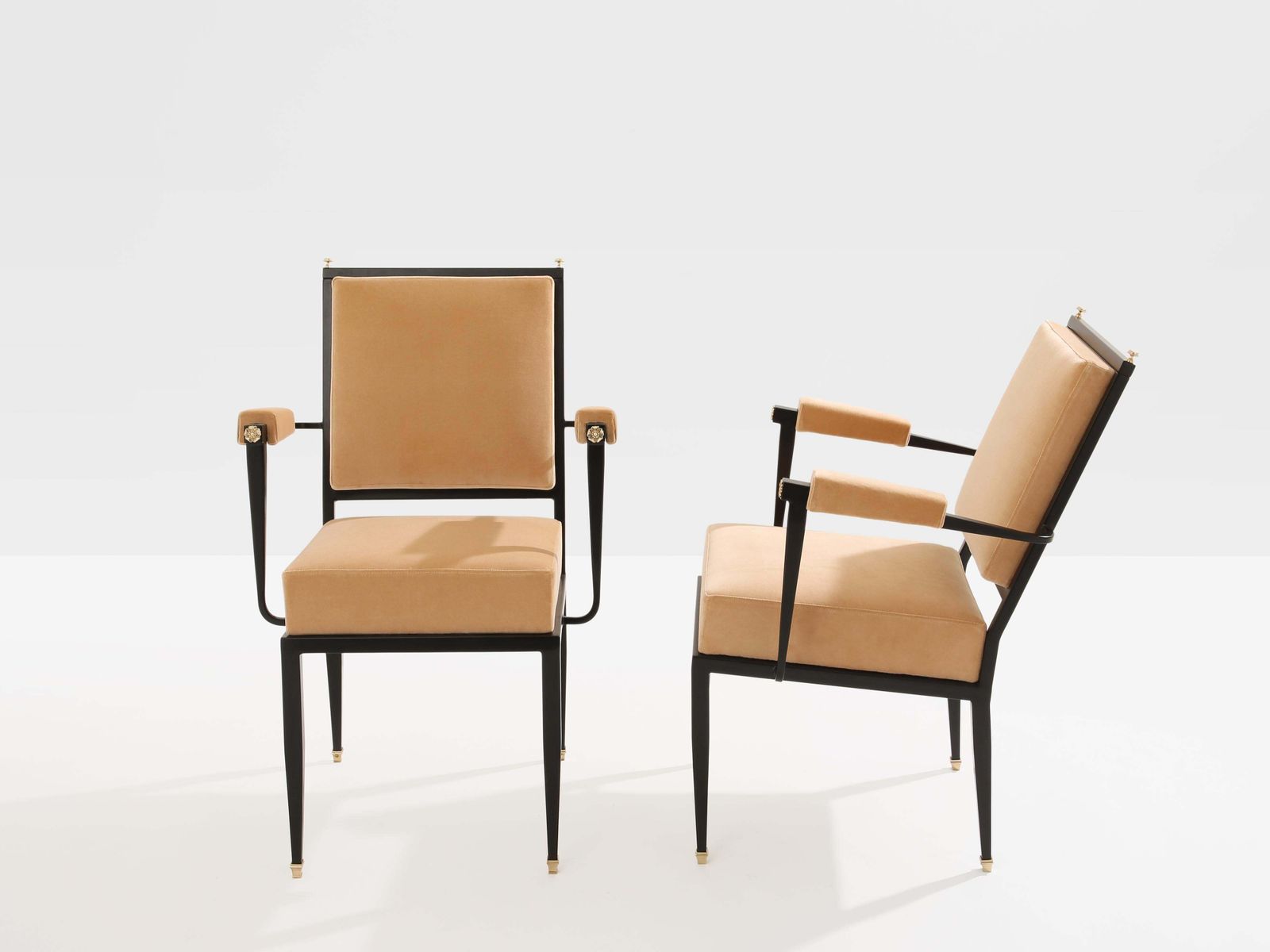 Paire de fauteuils néoclassiques en métal, velours et bronze, attribués à André Arbus, années 1940 photo for sale