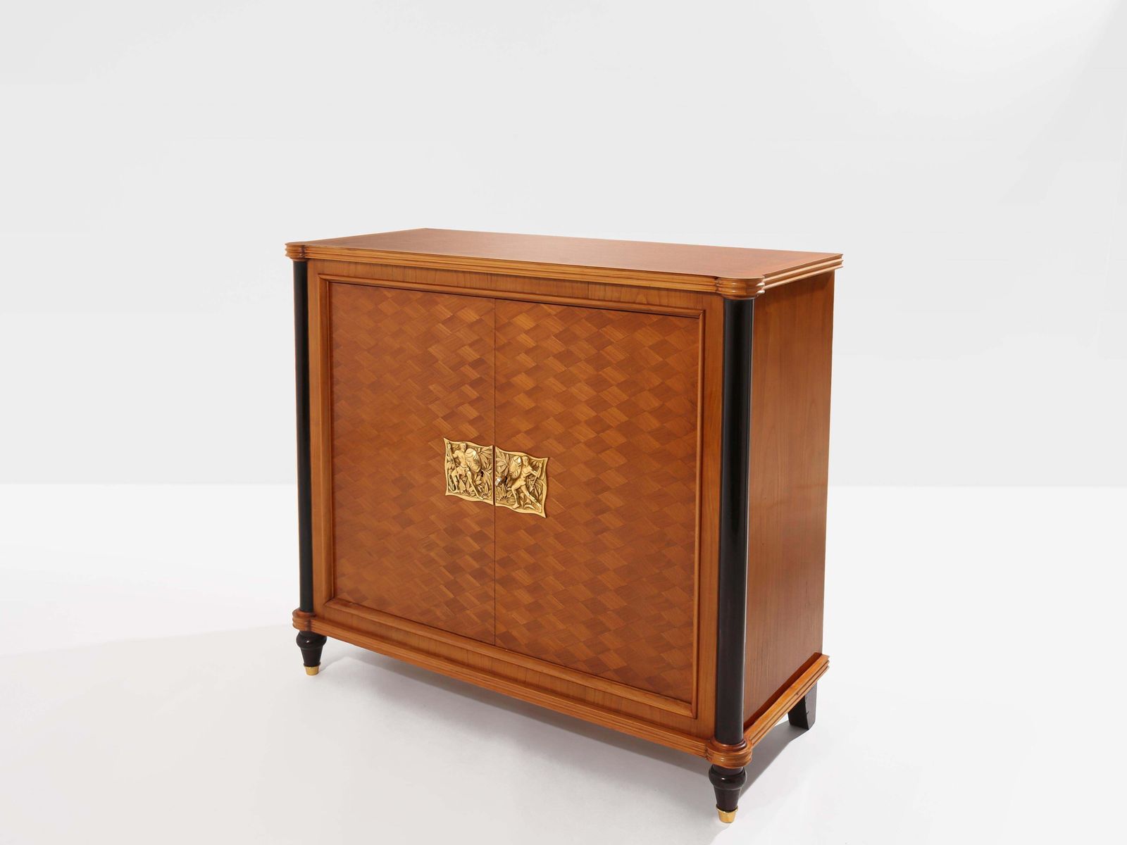 Jules Leleu Two Doors Cabinet Cherry Wood Marquetry Bronze 1940 photo furniture