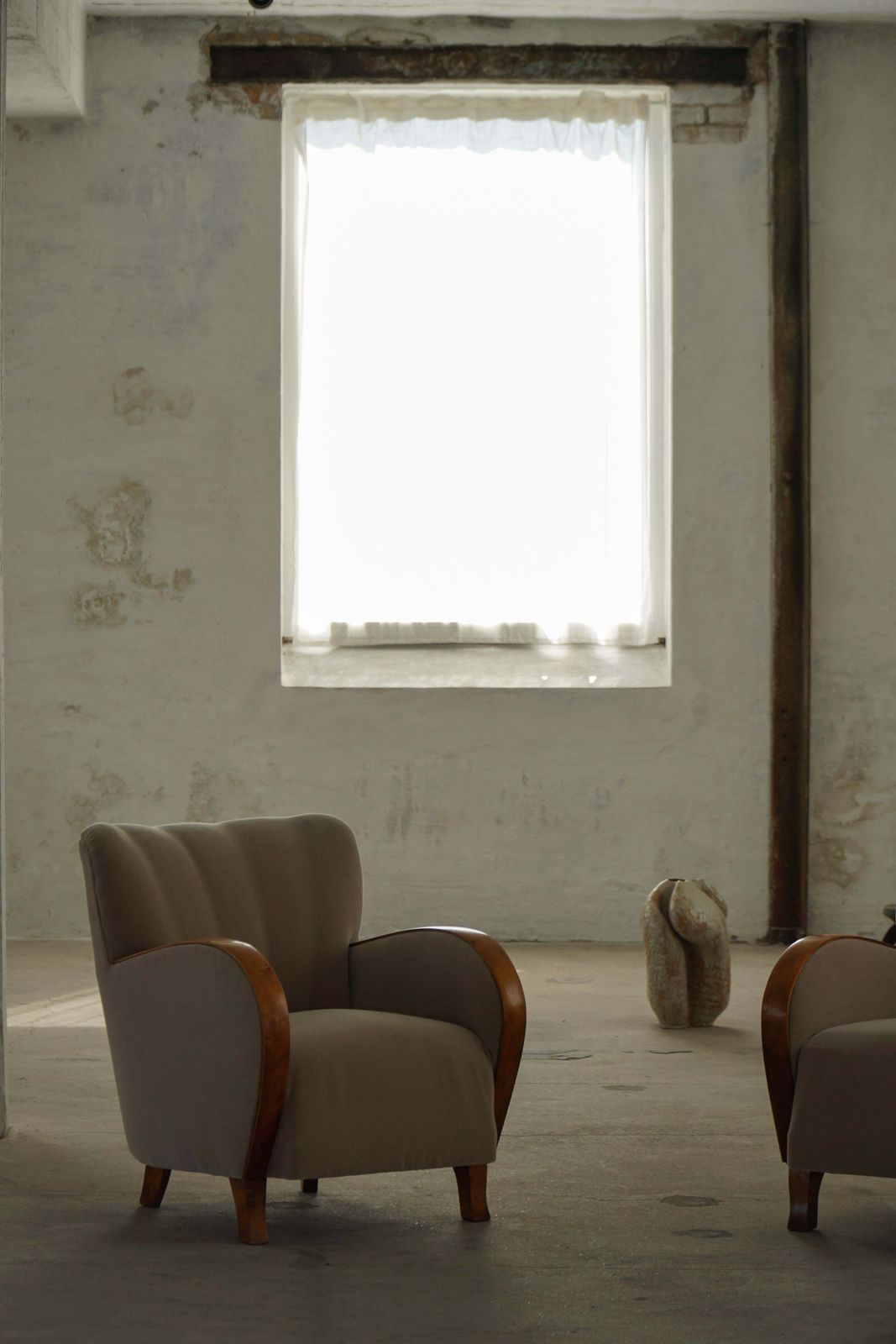 photo for sale Pair Of Danish Modern Art Deco Lounge Chairs, Reupholstered, Mohair & Elm, 1940s
