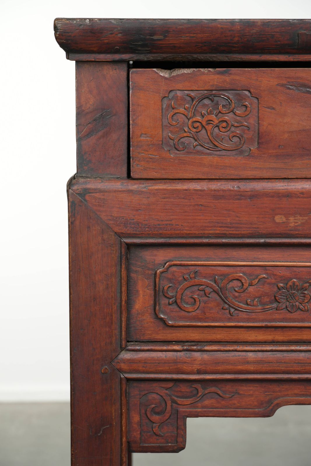 photo for sale Antique Wooden Chinese Sideboard From The Late 19th Century In A Beautiful Red Color With Exquisite Wood Carving.