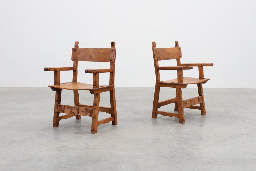 Rustic Carved Oak Side Chairs, Spain, 1900, Set Of 2 photo buy
