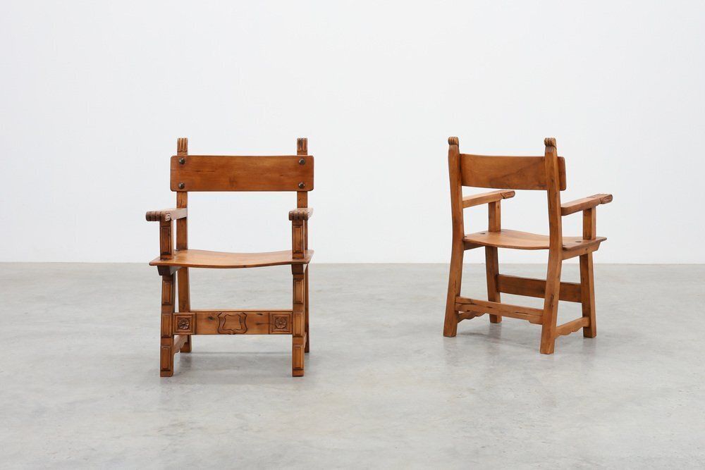 Furniture Rustic Carved Oak Side Chairs, Spain, 1900, Set Of 2 photo