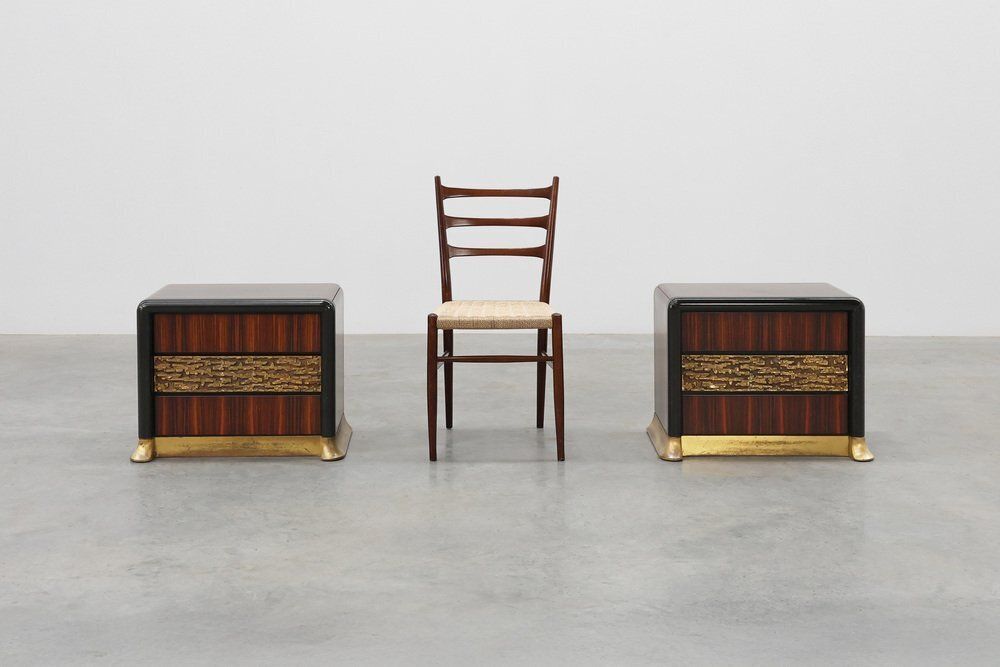 Nightstands In Wood With Brass Relief, Italy 1970s, Set Of 2 photo for sale