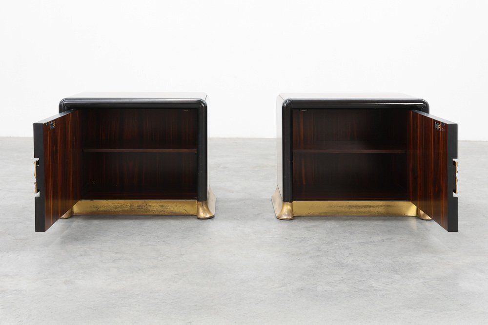 Nightstands In Wood With Brass Relief, Italy 1970s, Set Of 2 photo vinterior