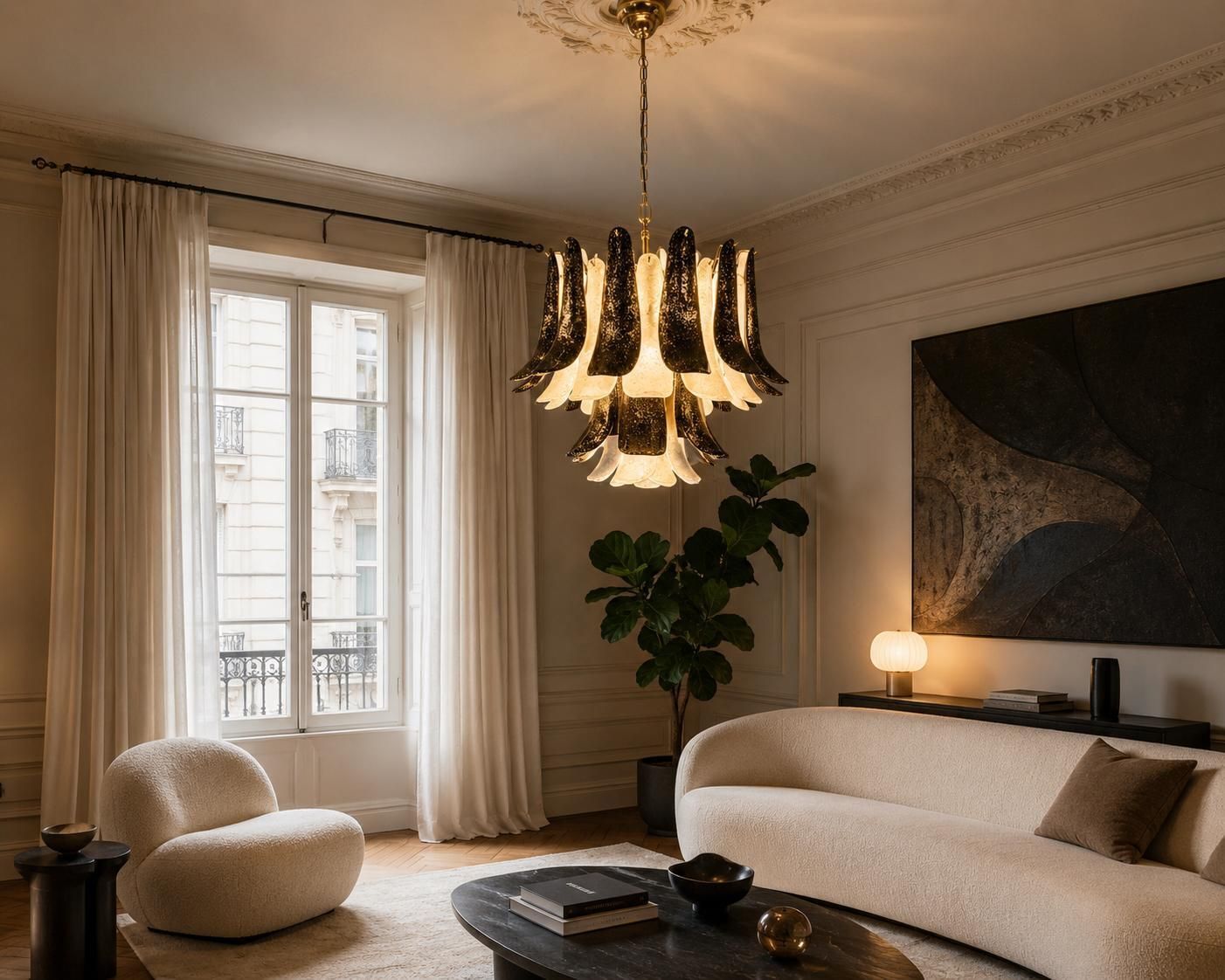 Pair Italian Gold Inclusion Petal Chandeliers, Murano photo vinterior