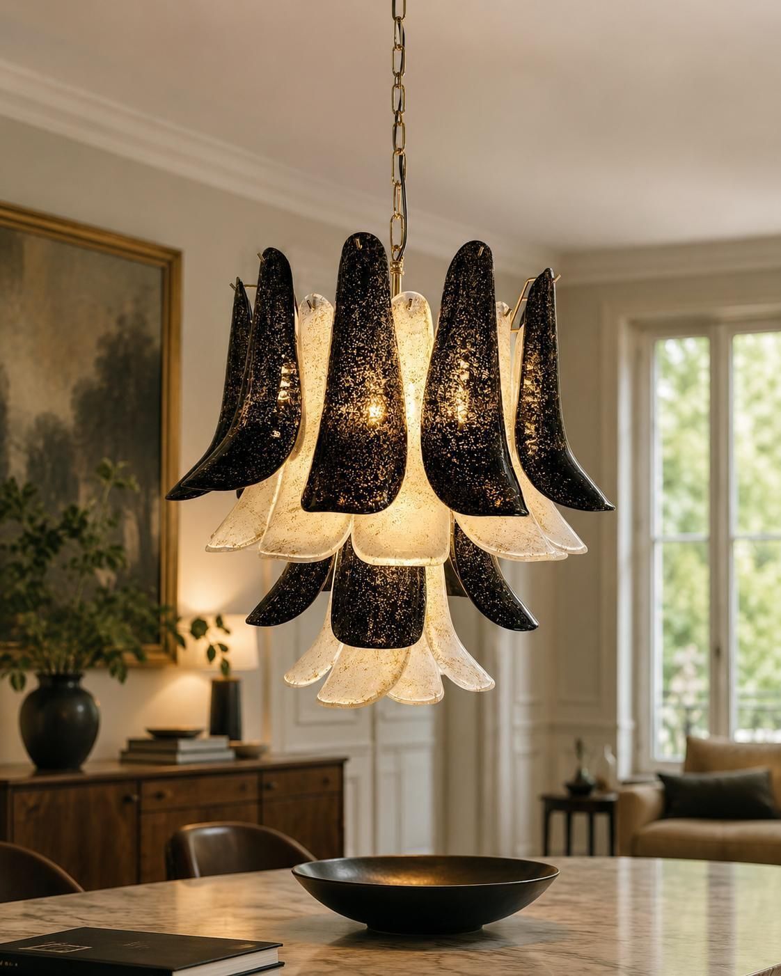 Pair Italian Gold Inclusion Petal Chandeliers, Murano photo vintage