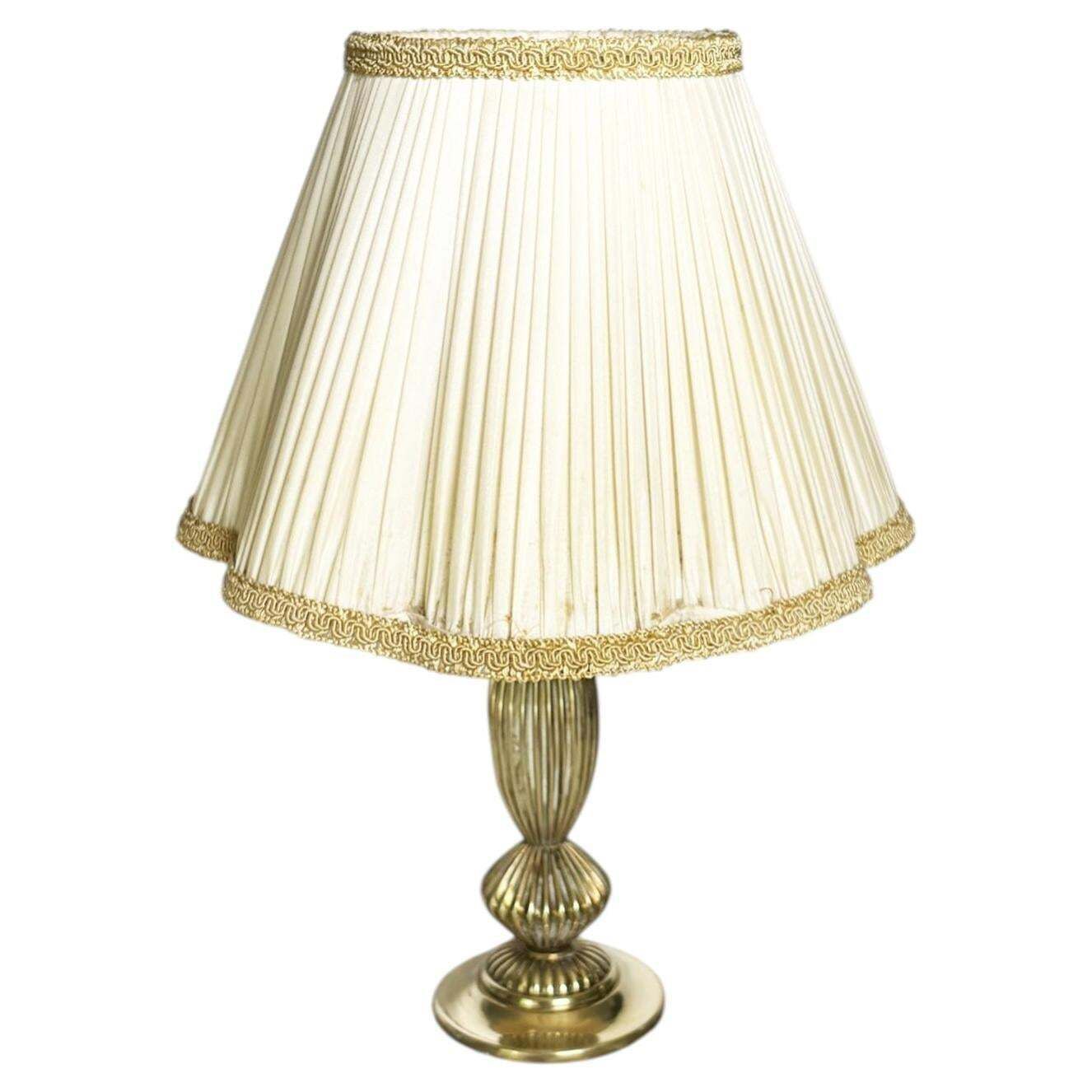 Brass Table Lamp With Its Original Art Nouveau Shade, France, 1920